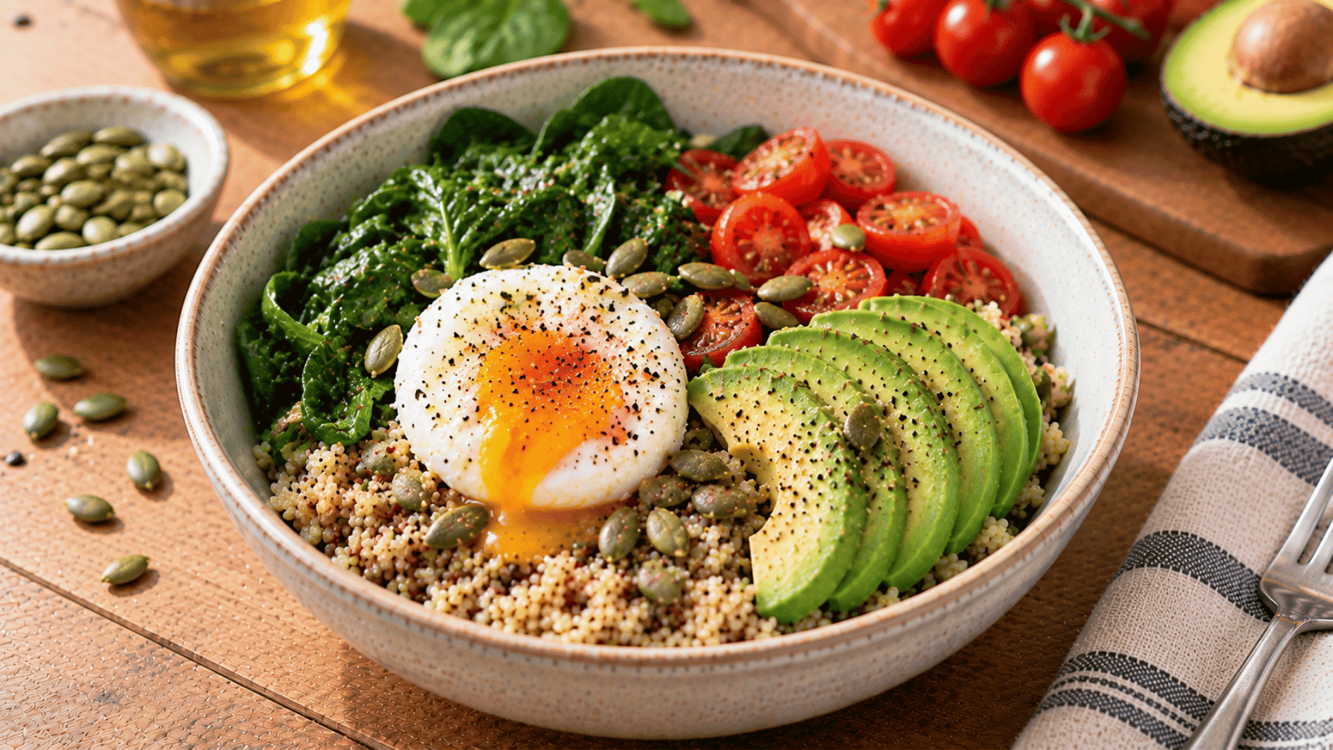 breakfast grain bowl with quinoa egg avocado spinach tomatoes and pumpkin seeds