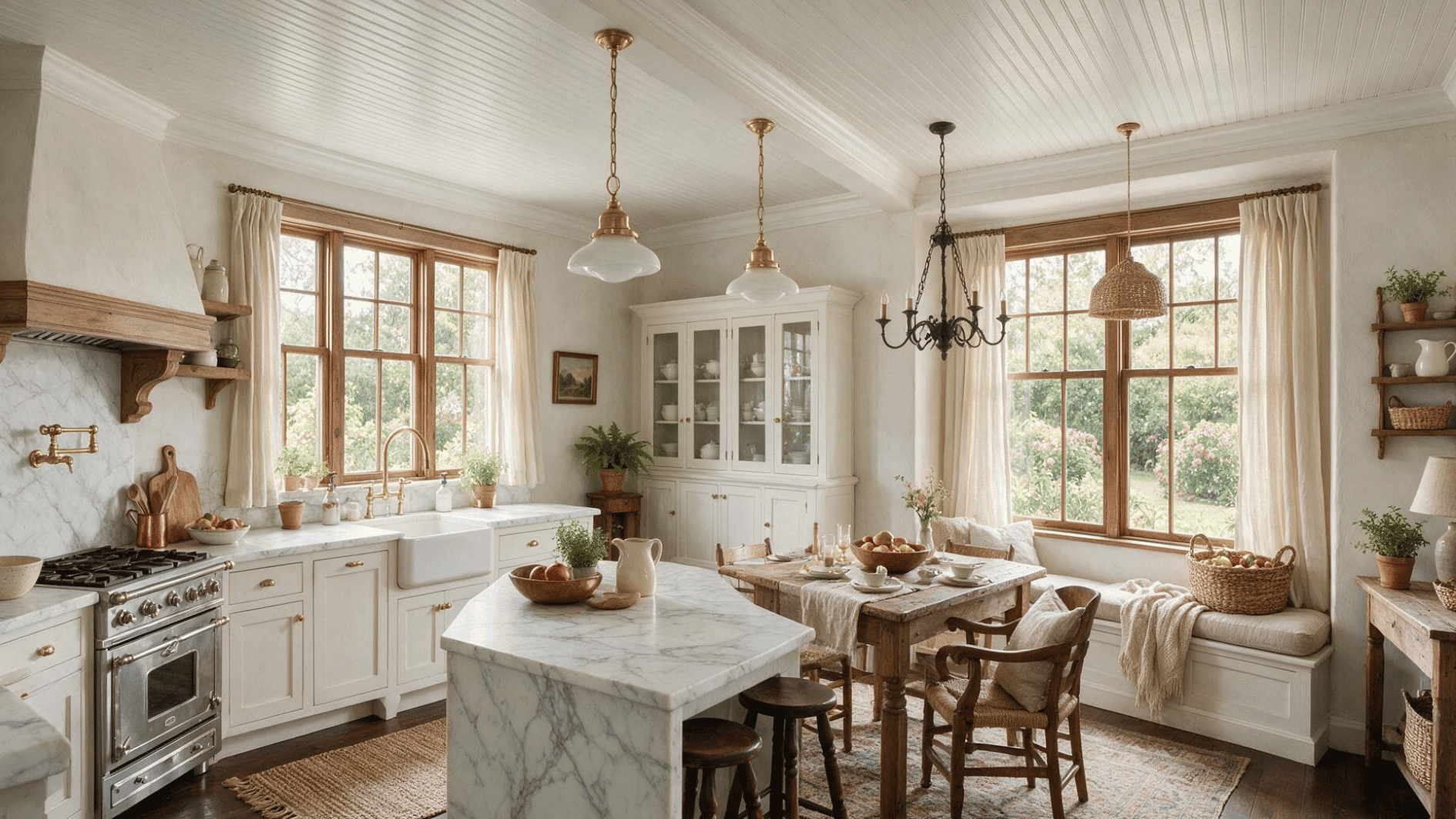 farmhouse kitchen with beadboard ceiling and white crown molding