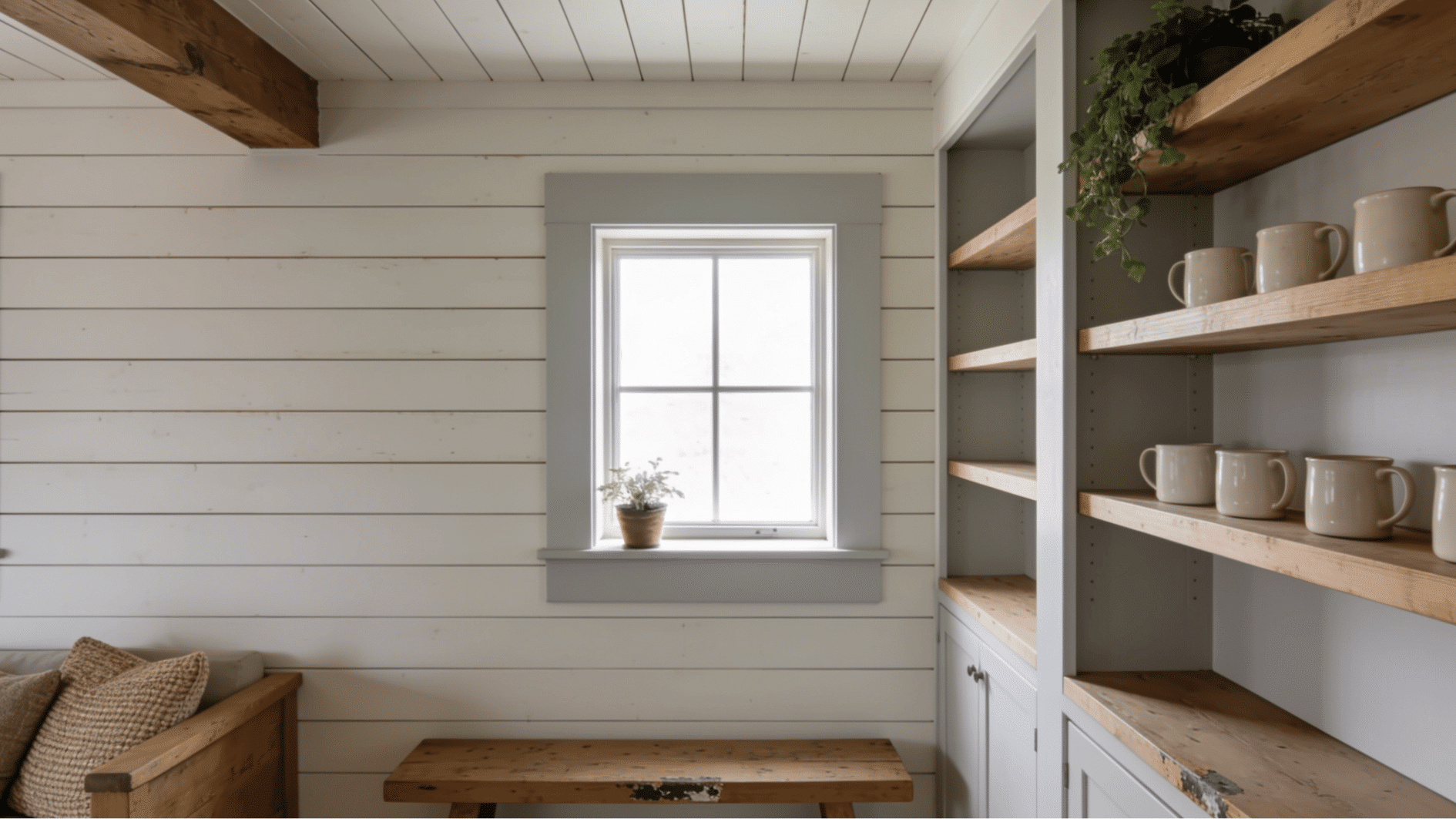 farmhouse kitchen with shiplap window trim using horizontal wood boards around a window with casual rustic interior details