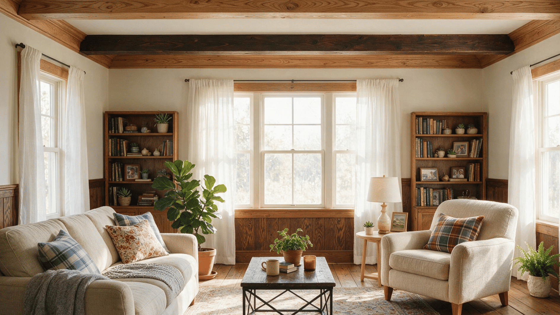farmhouse living room with natural wood crown molding and warm details