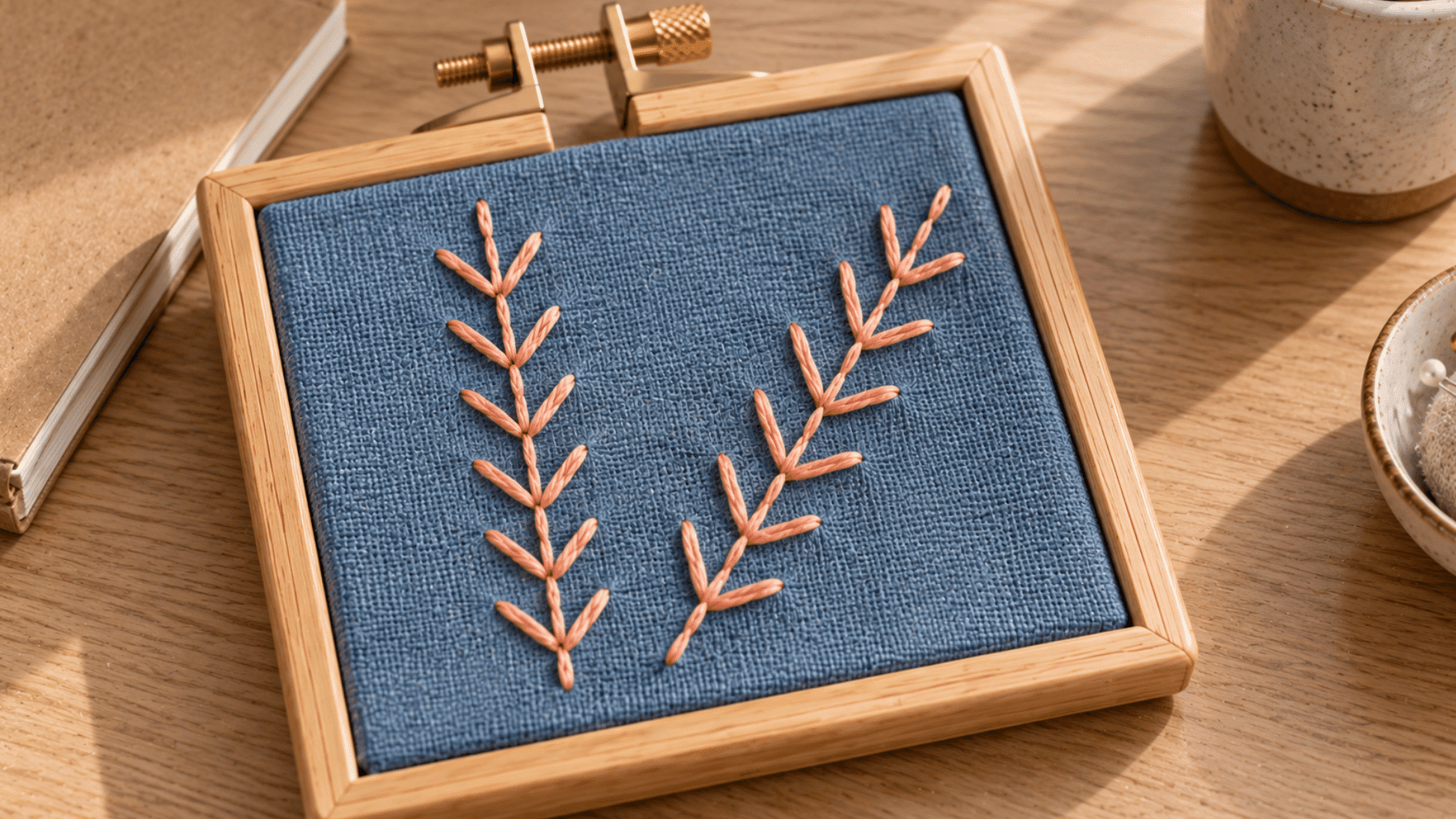 peach feather stitch embroidery on blue linen showing open branching stitches alternating left and right