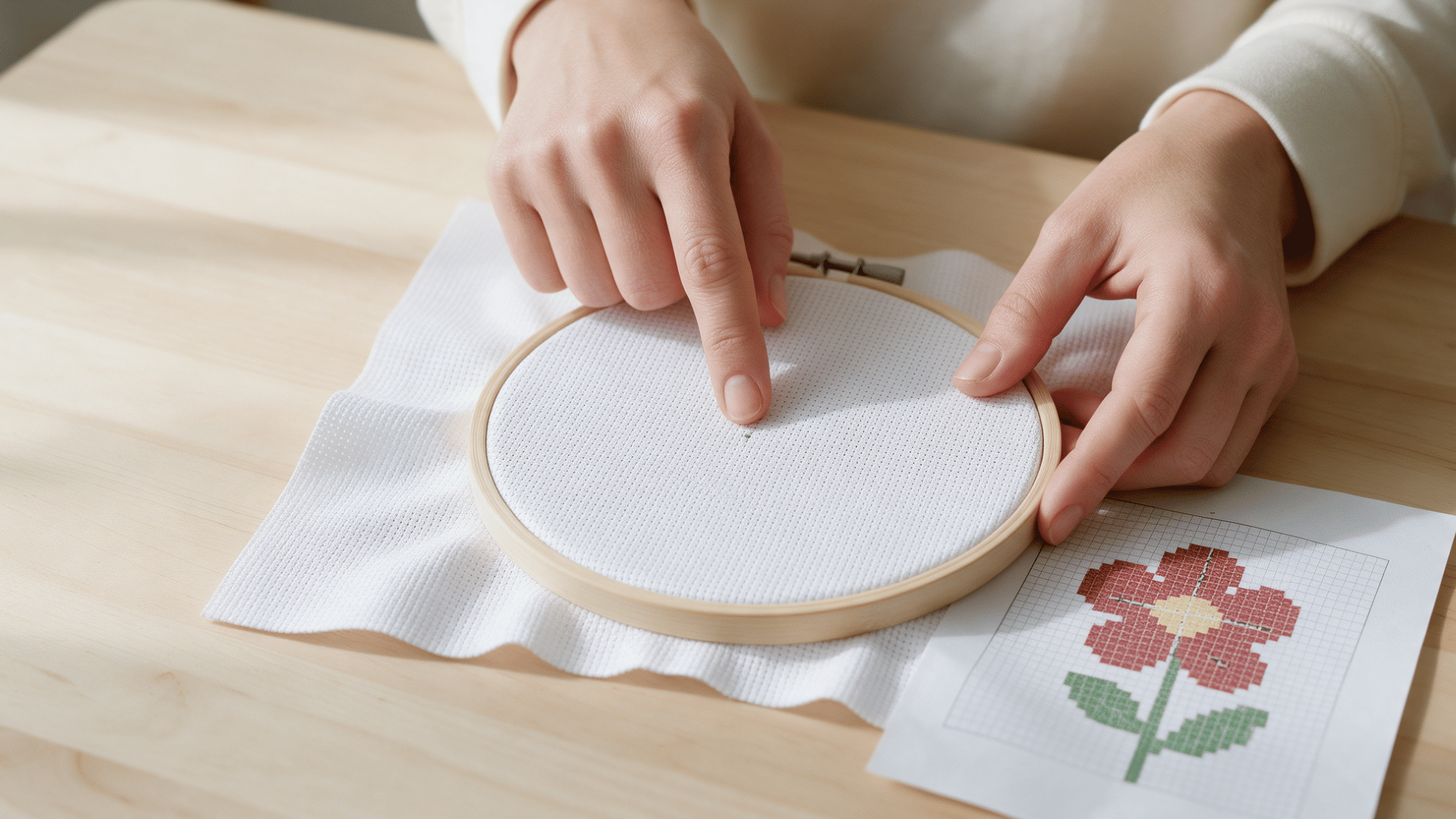 finger pointing to the center of blank aida cloth with a simple flower cross stitch pattern nearby
