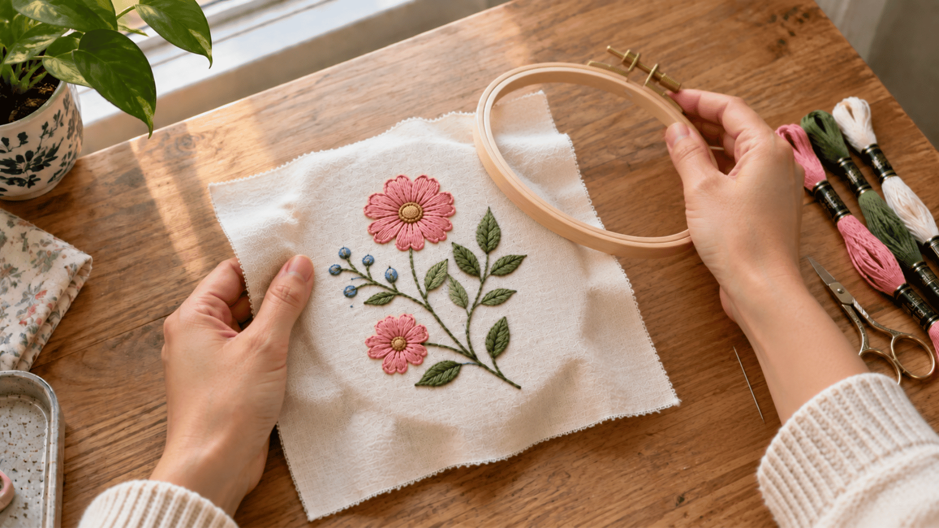 adult hands removing finished floral embroidery from a wooden hoop after completing the beginner stitching project