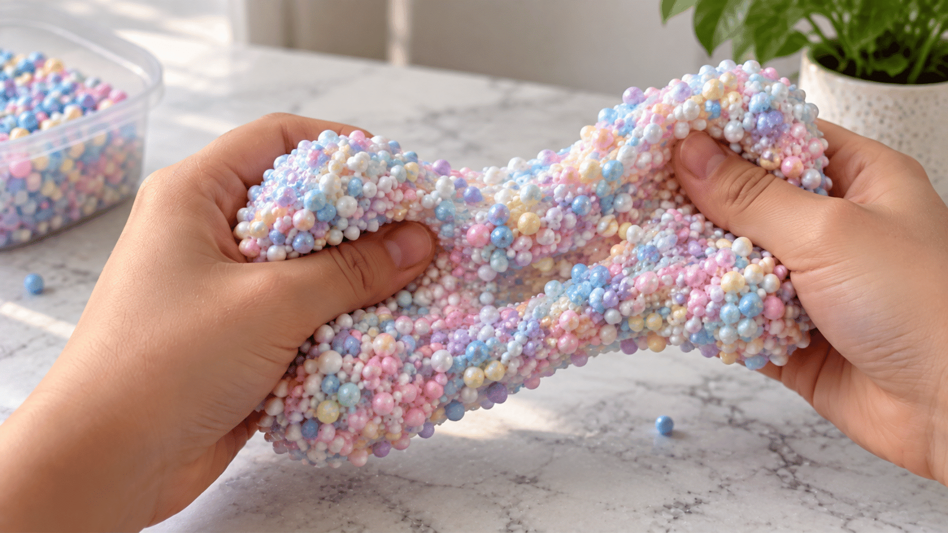floam slime filled with small foam beads creating a colorful bumpy texture in a clear container