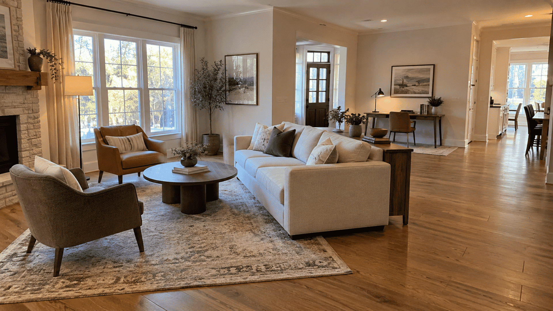floating sofa dividing a long living room into seating and compact home office zones