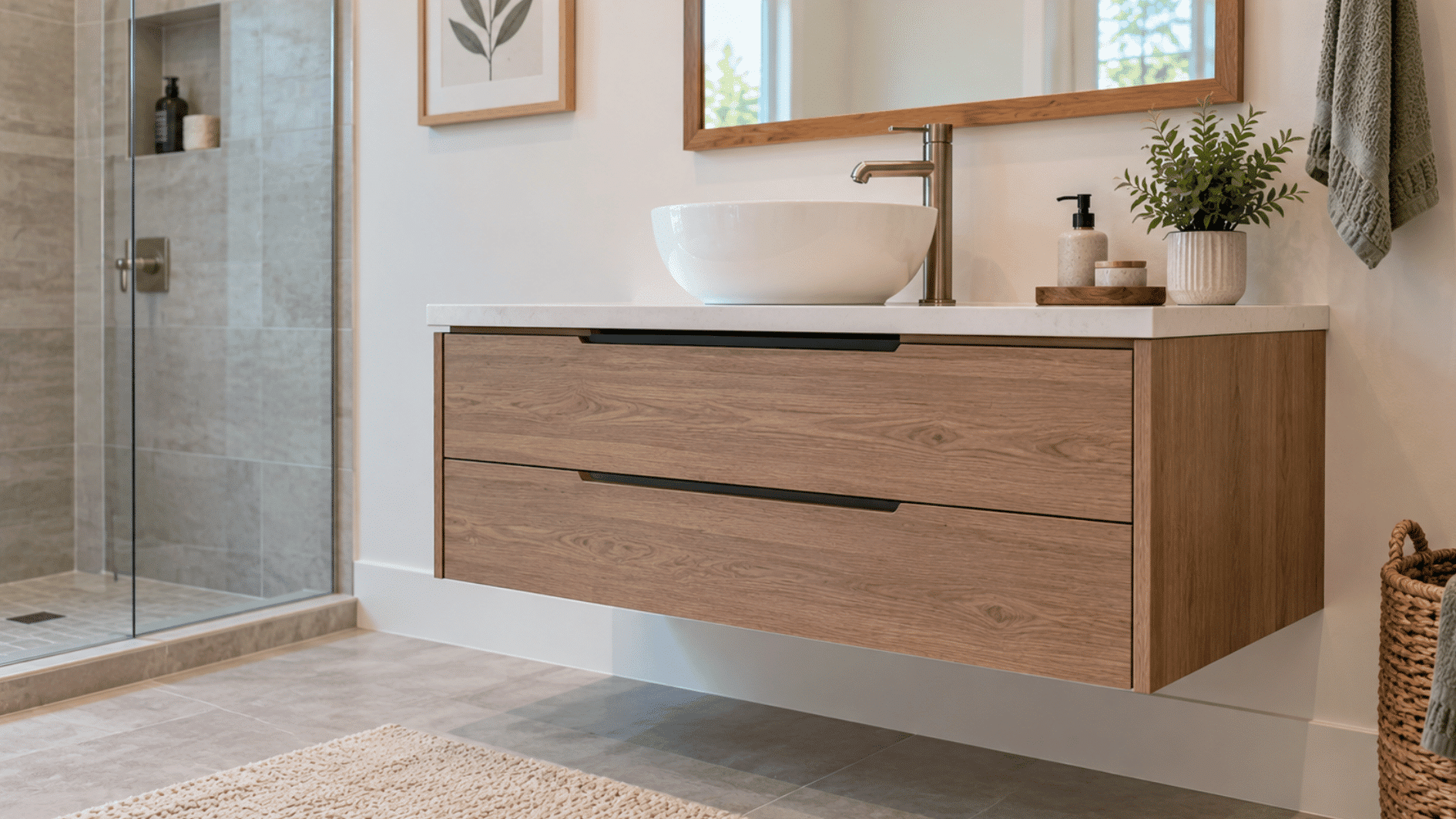 floating bathroom vanity with open floor space below and vessel sink above the countertop