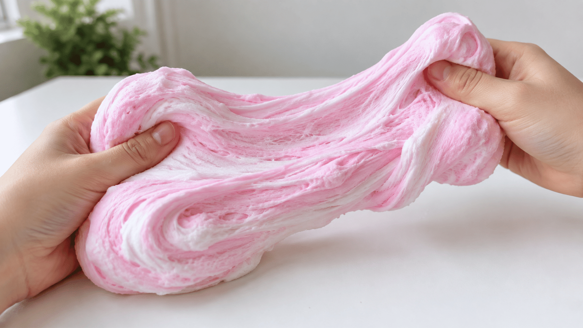 fluffy slime with a soft airy texture displayed in a clear container on a wooden table