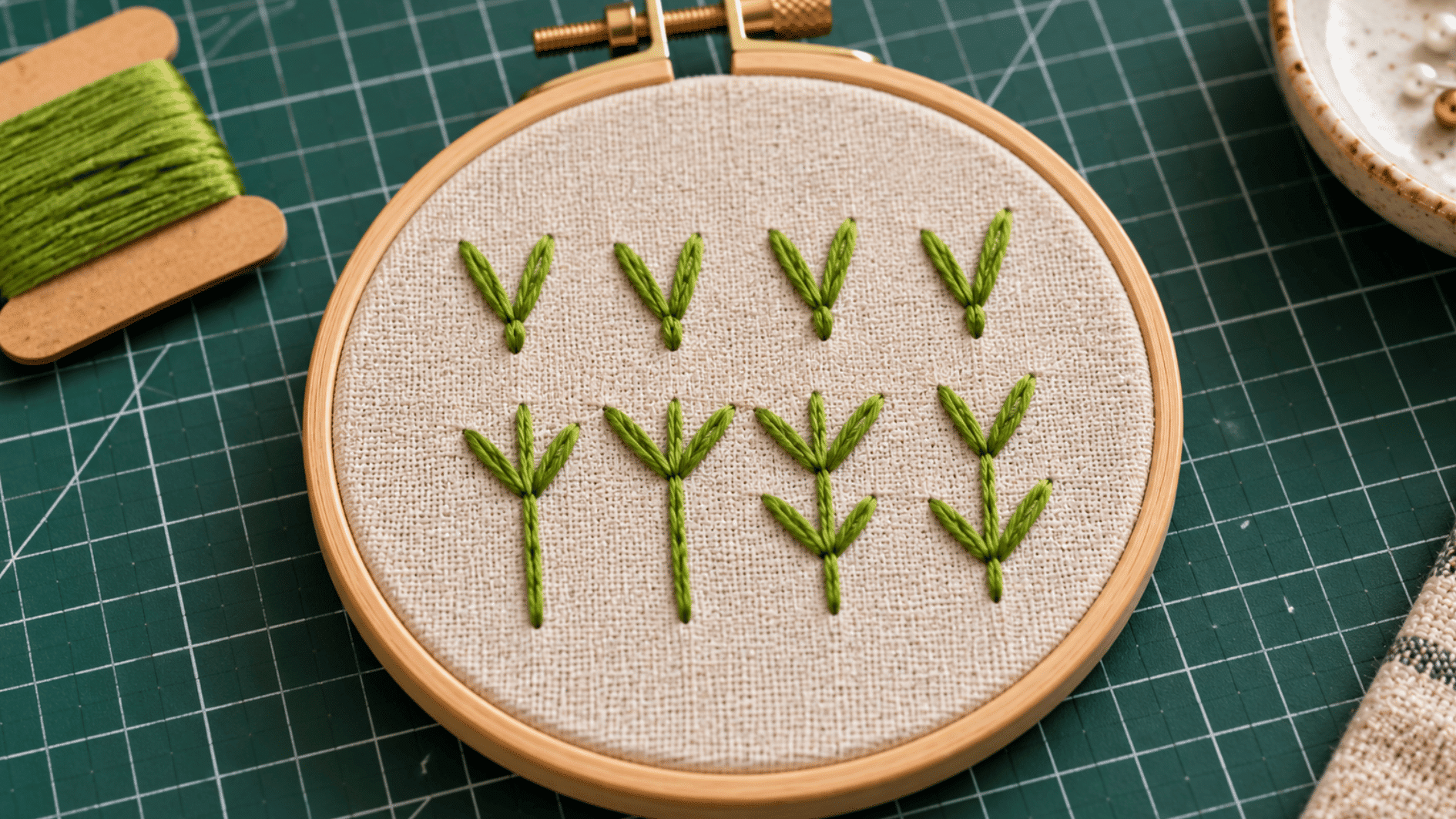 green fly stitch embroidery on beige cotton showing clear V and Y shapes with center anchoring stitches