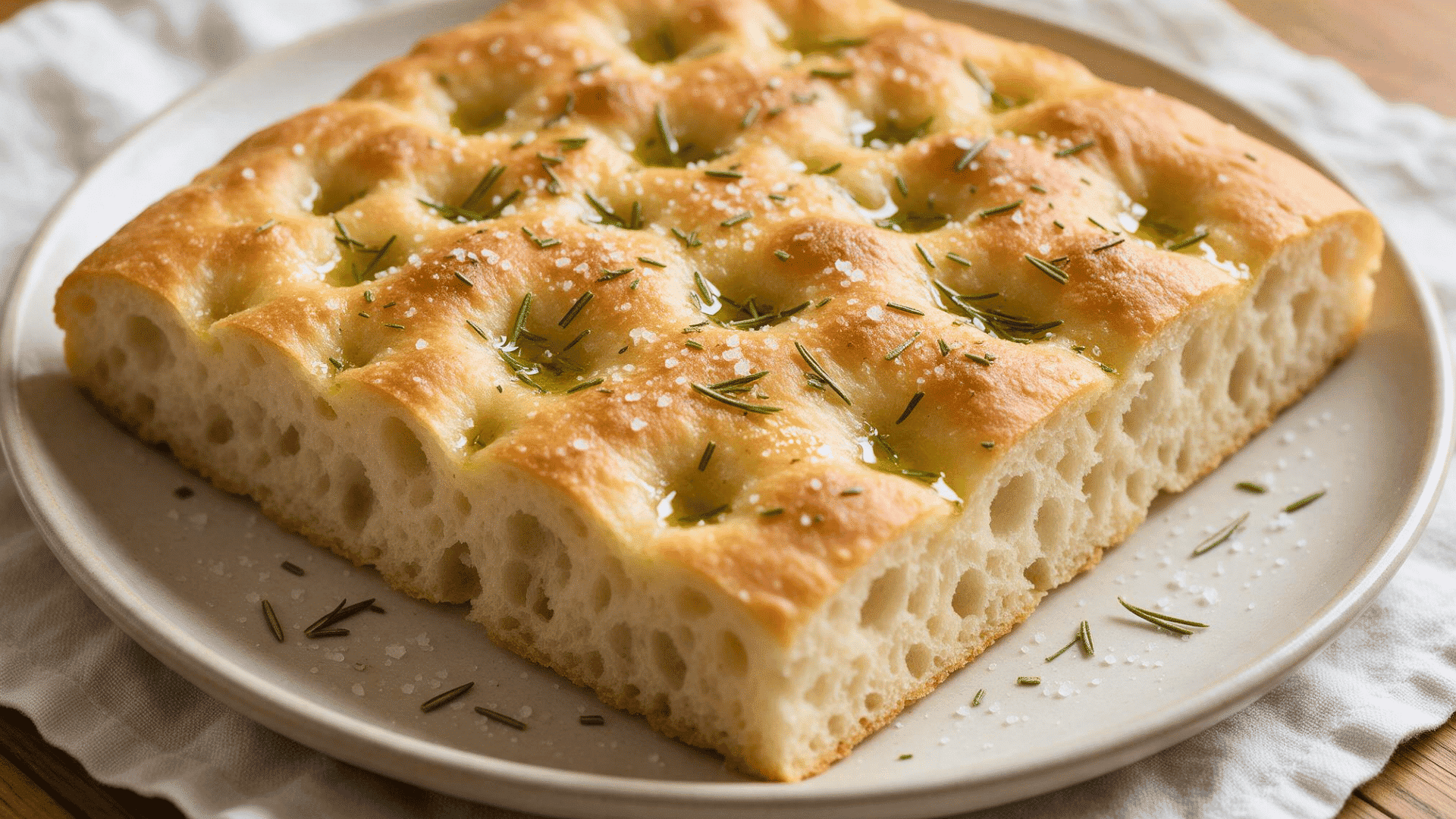 Thick focaccia bread topped with olive oil, rosemary and coarse salt on a white plate.