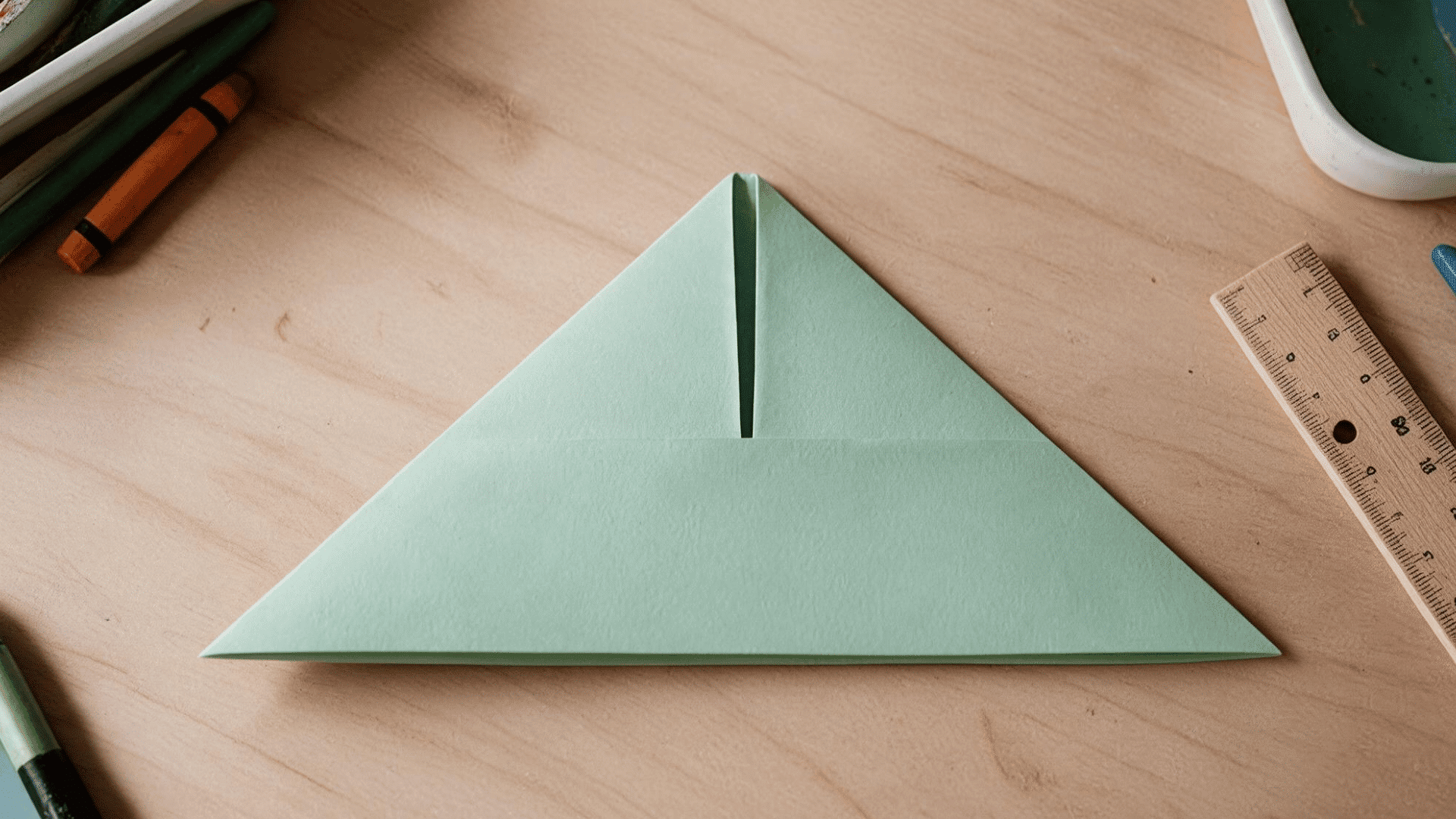 green paper folded into a triangle with a center slit
