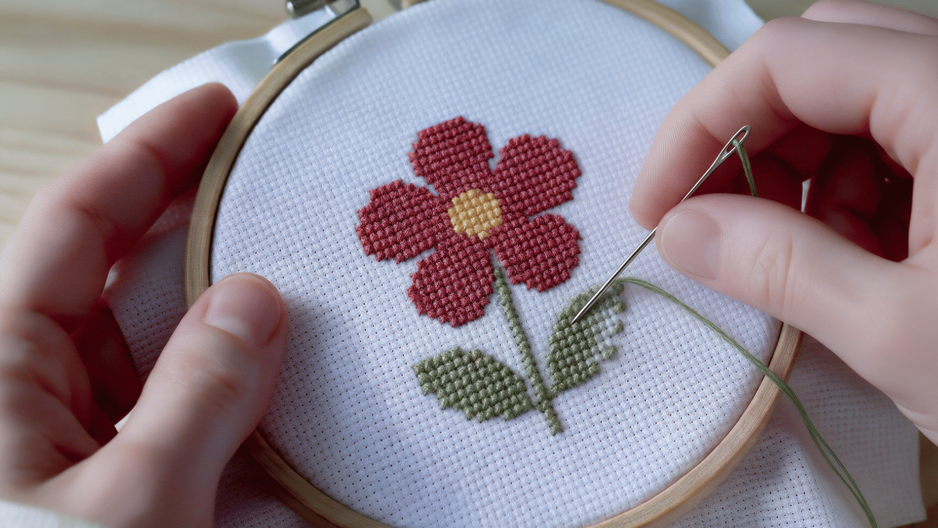 hands using green embroidery floss to stitch the final leaf of a red flower cross stitch design in a wooden hoop