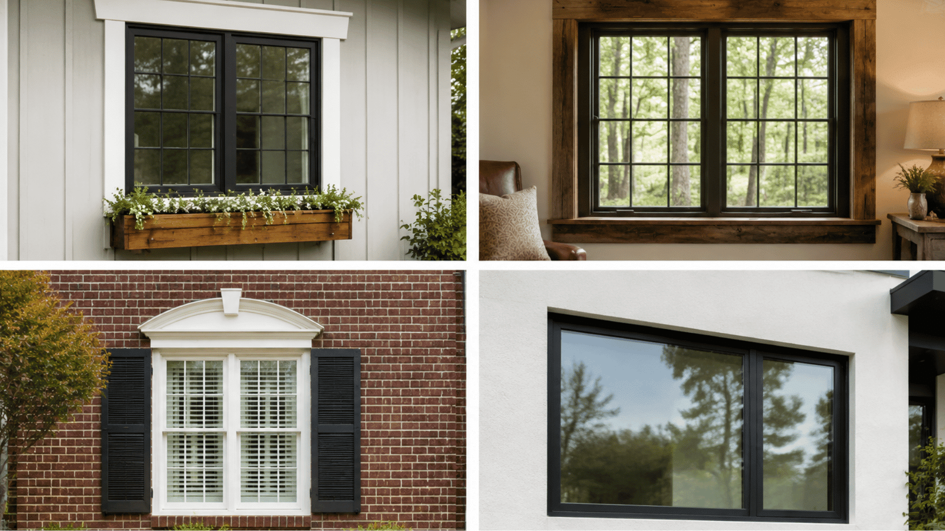 four realistic window trim styles showing modern black frames, rustic wood casing, colonial trim, and minimalist exterior designs