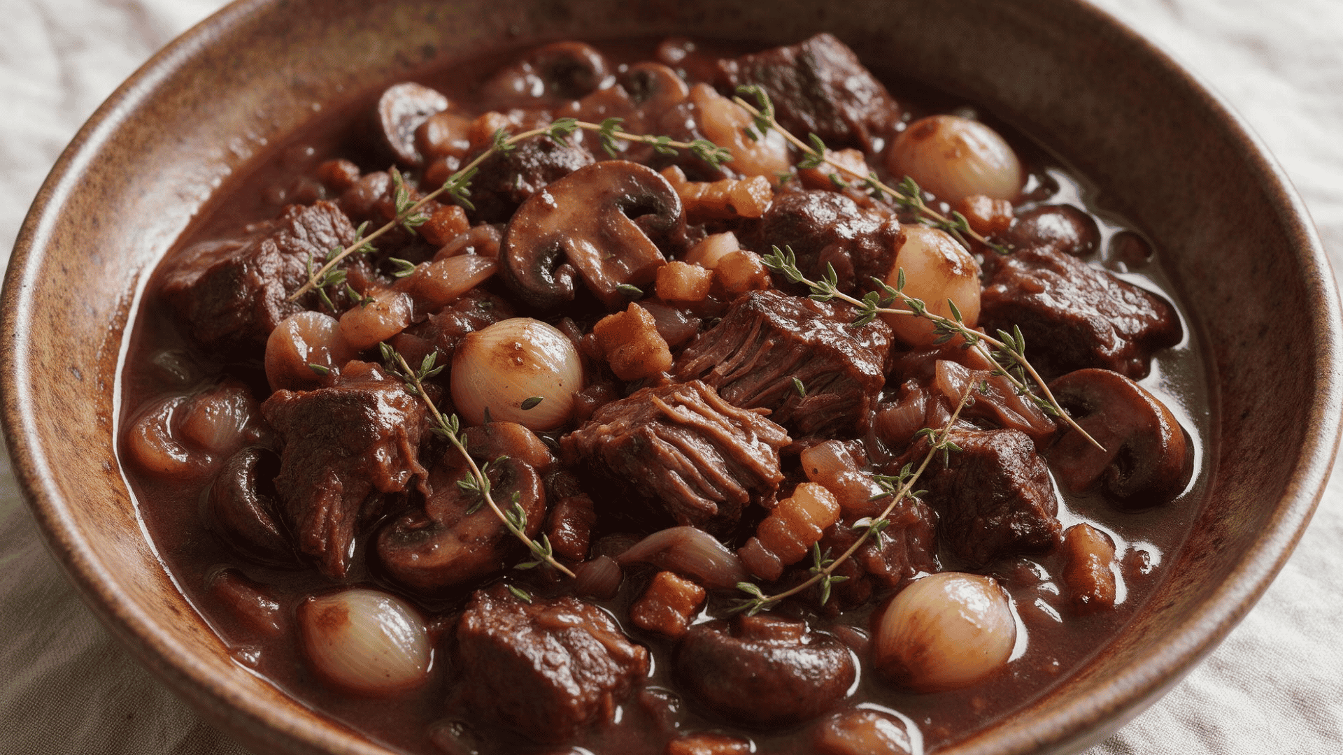 Beef bourguignon with beef, mushrooms, cipollini onions, pancetta, thyme, and red wine sauce in a bowl