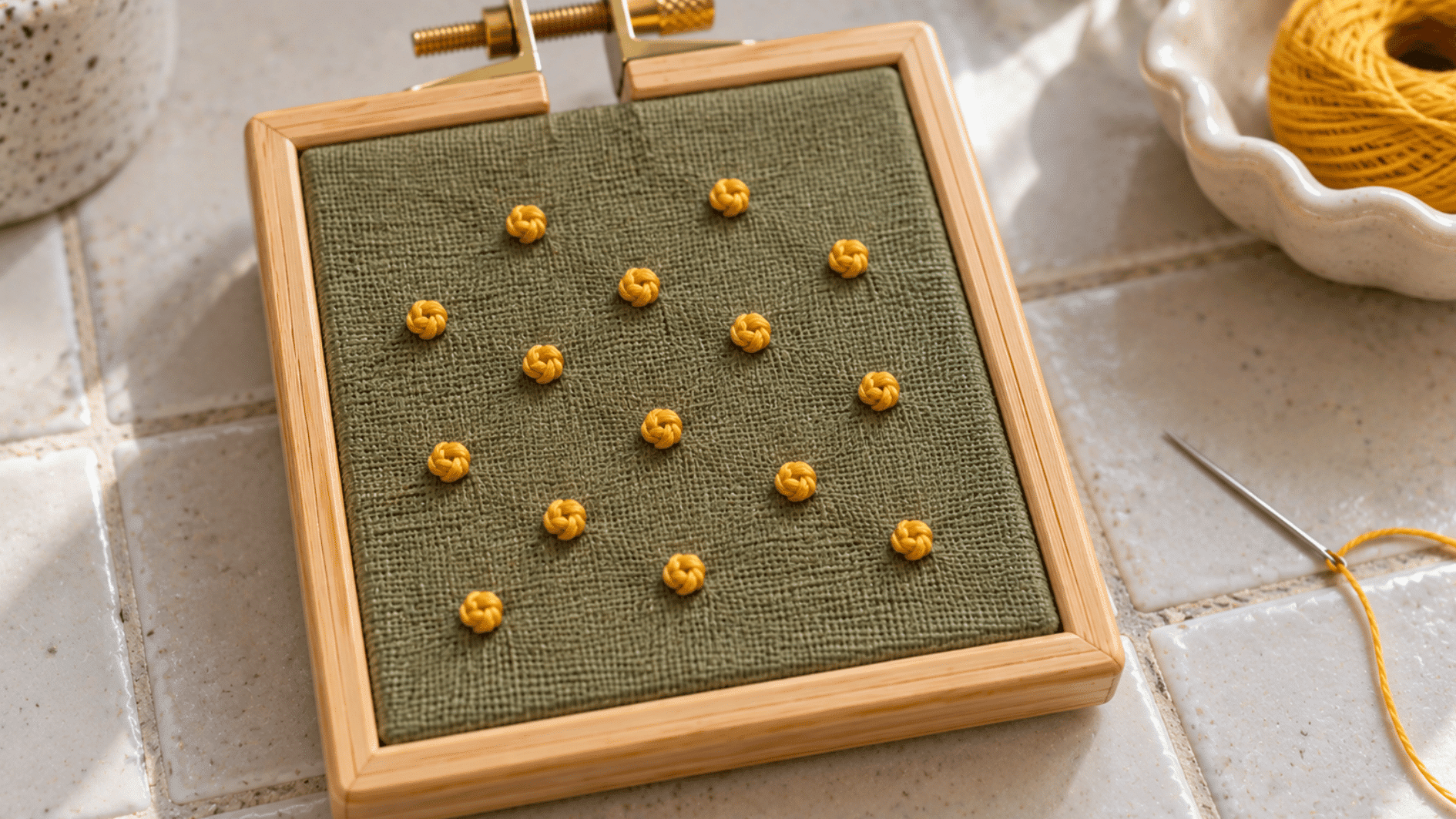 golden French knot embroidery on olive linen showing small raised round knots spaced across the fabric