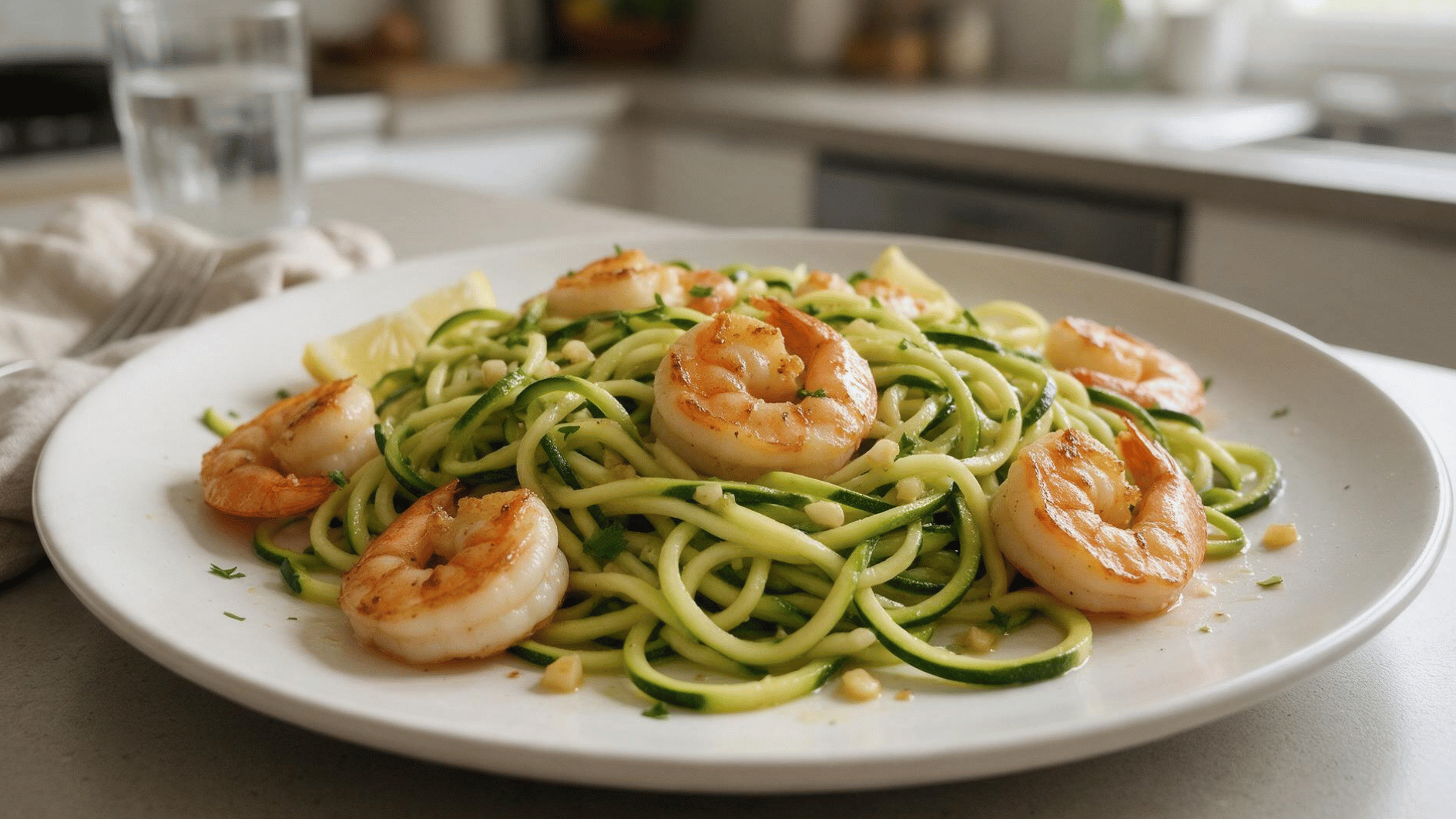 garlic butter shrimp served over zucchini noodles with parsley and lemon on a white ceramic plate
