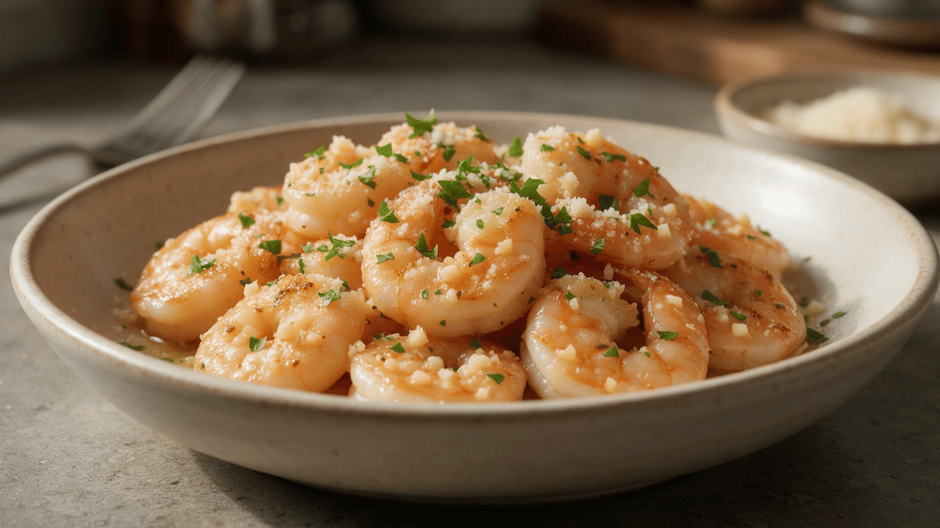 garlic parmesan shrimp with browned edges, melted cheese, and parsley served in a rustic beige bowl
