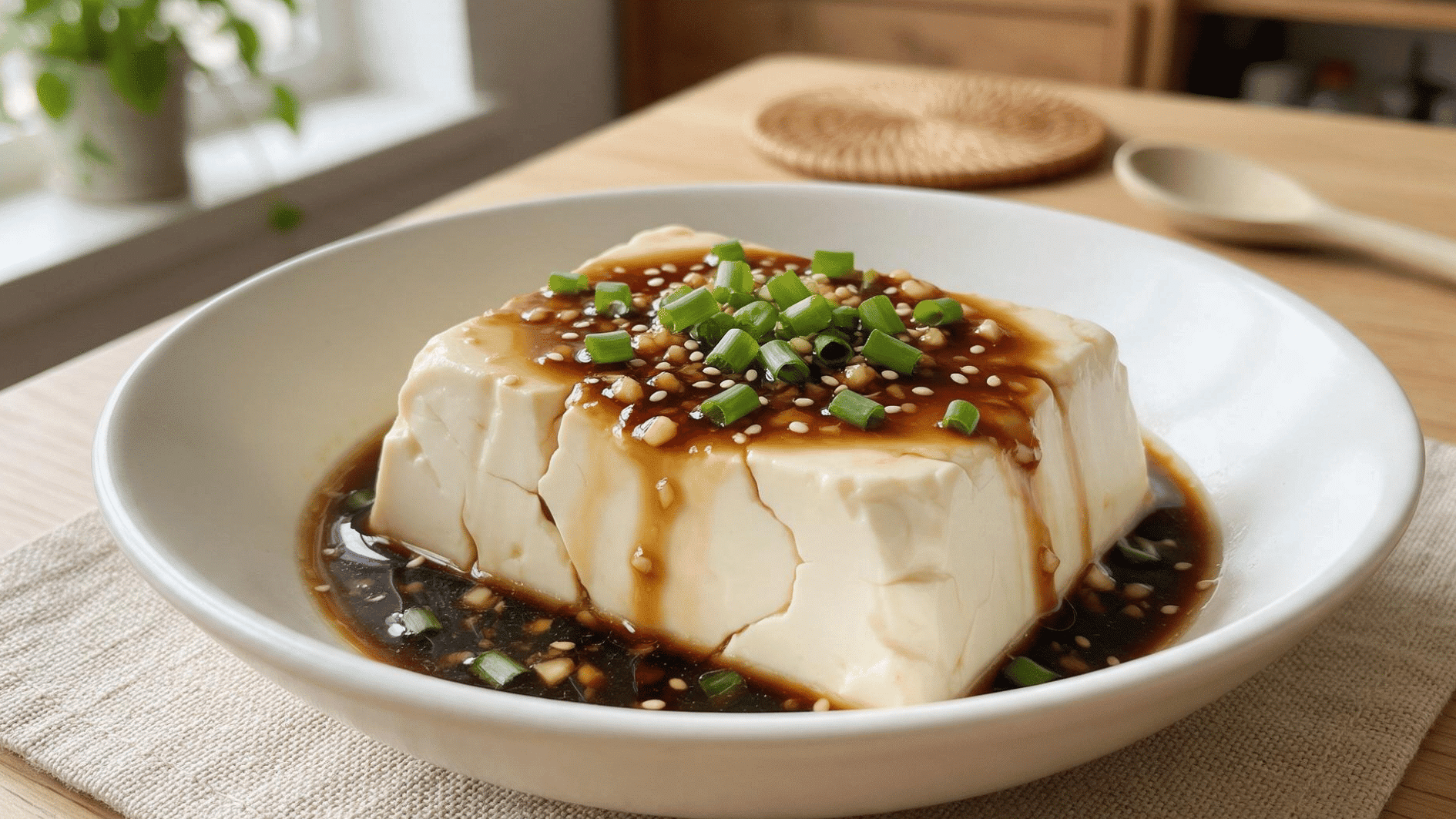 garlic soy silken tofu with scallions sesame seeds and savory sauce