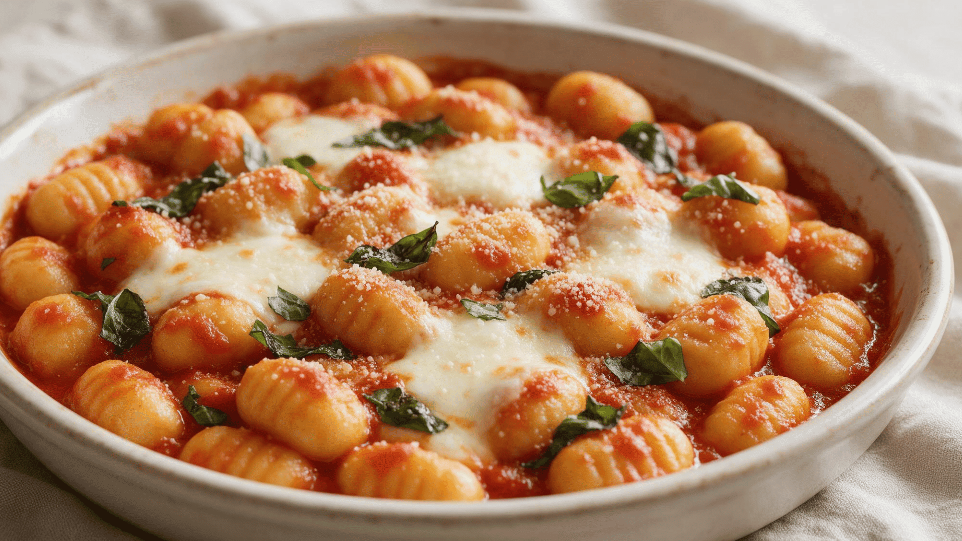 Gnocchi alla sorrentina with tomato sauce, melted mozzarella, parmesan, and fresh basil.