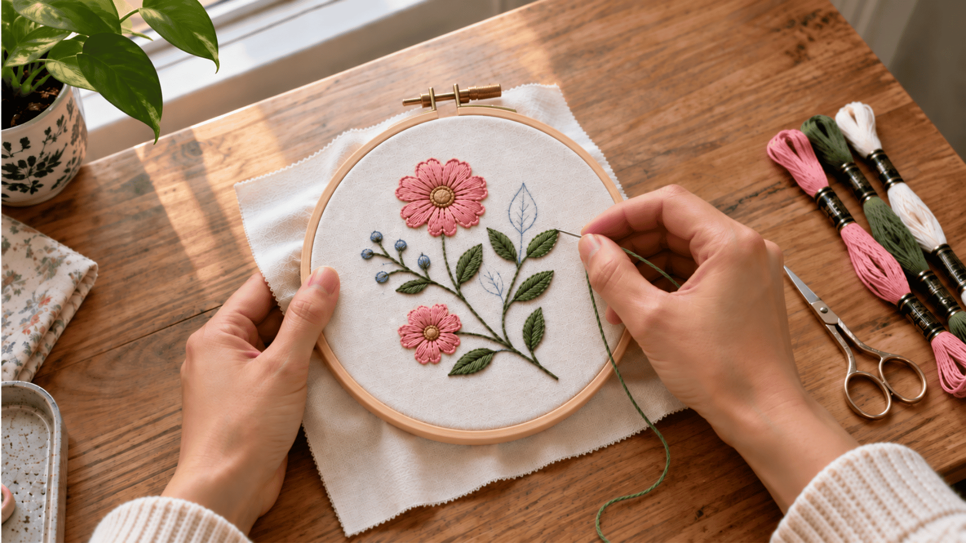 hand stitching carefully along a marked embroidery pattern with green thread