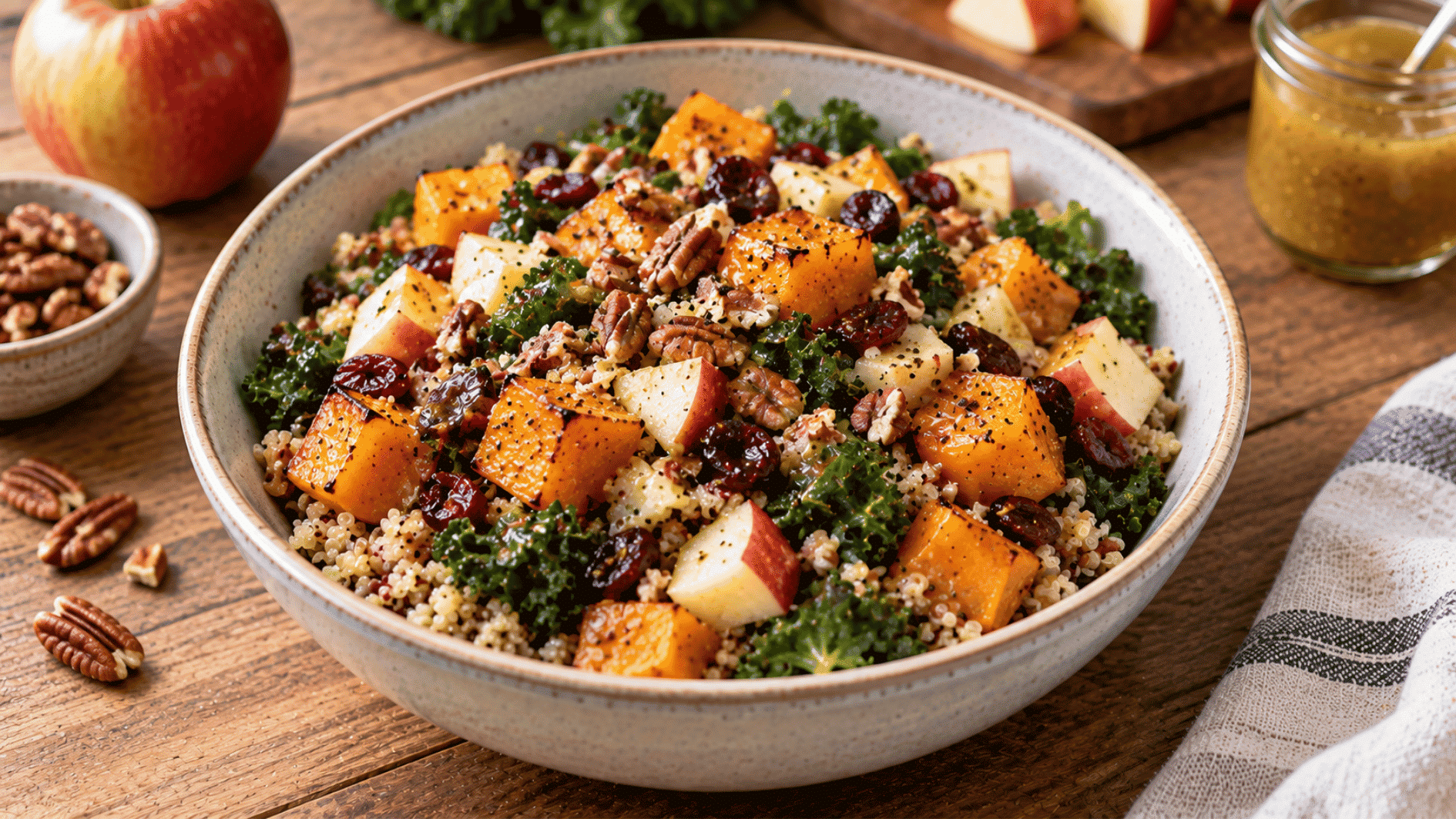 harvest quinoa bowl with squash kale apple cranberries pecans and maple dijon dressing