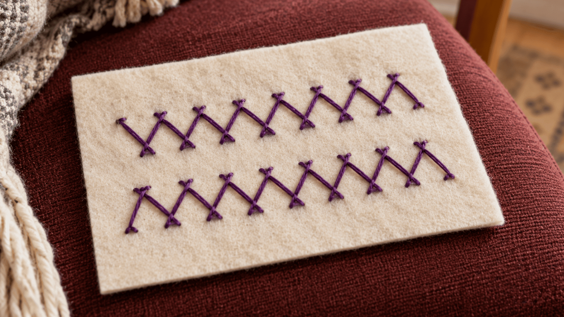 purple herringbone stitch embroidery on cream felt showing repeated open X-shaped crossed patterns