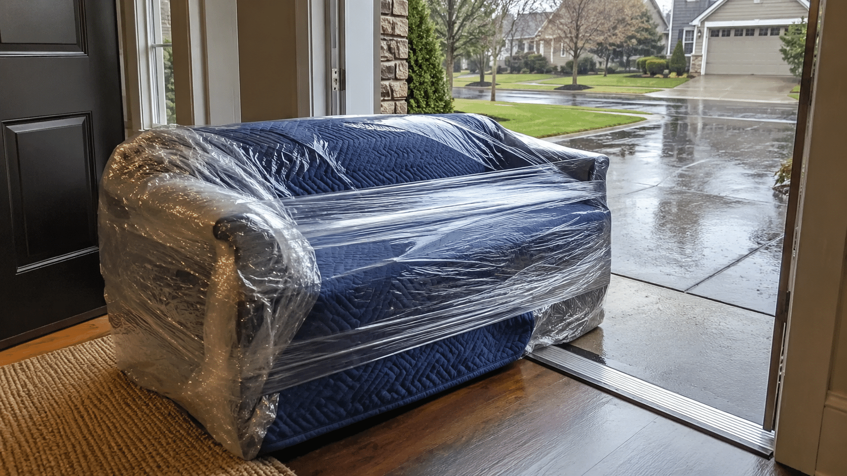 wrapped sofa near an open doorway on a rainy moving day with wet pavement outside