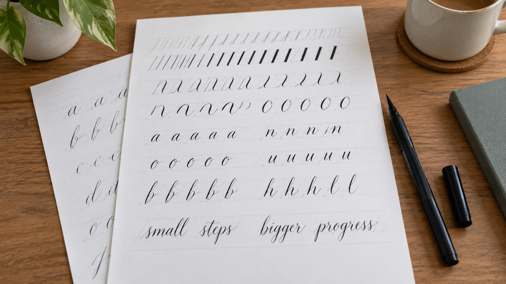 beginner calligraphy practice sheet with brush pen, notebook, plant and mug on a tidy wooden desk
