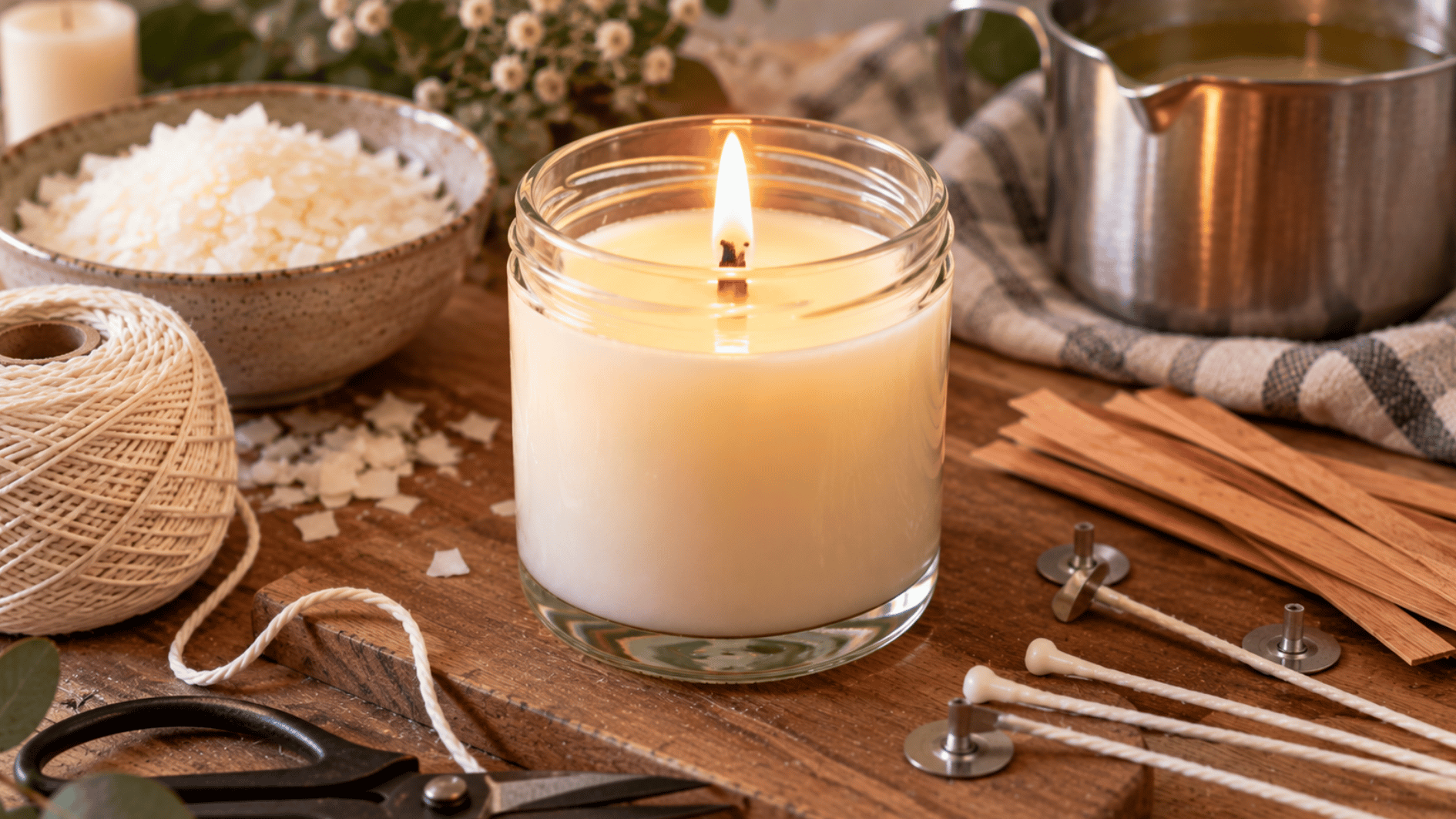 alt tag: handmade candle with cotton and wooden wick supplies arranged around it on a warm wooden work surface