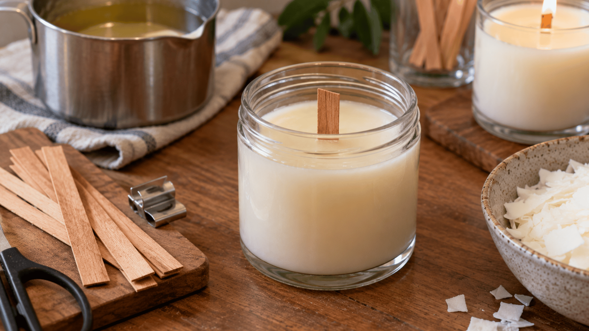 wooden candle wick centered in a glass jar surrounded by wax, wick clips and candle making supplies