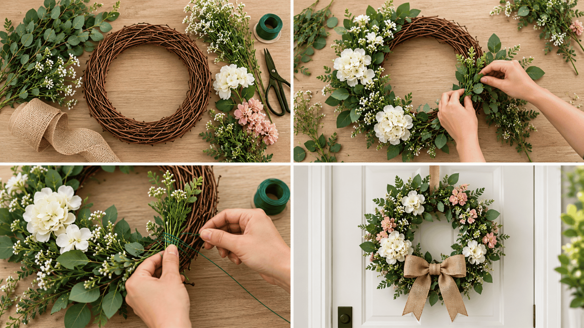four step collage showing how to make a wreath with a grapevine base flowers greenery floral wire and ribbon
