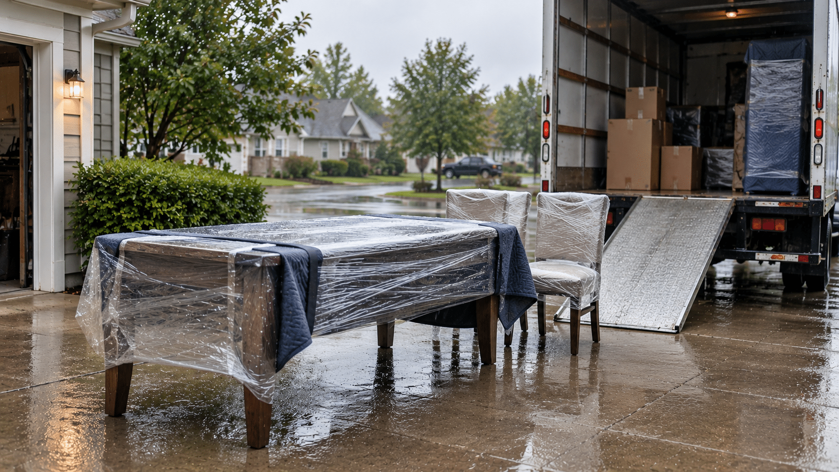 wrapped dining table and chairs beside a moving truck on a rainy suburban driveway