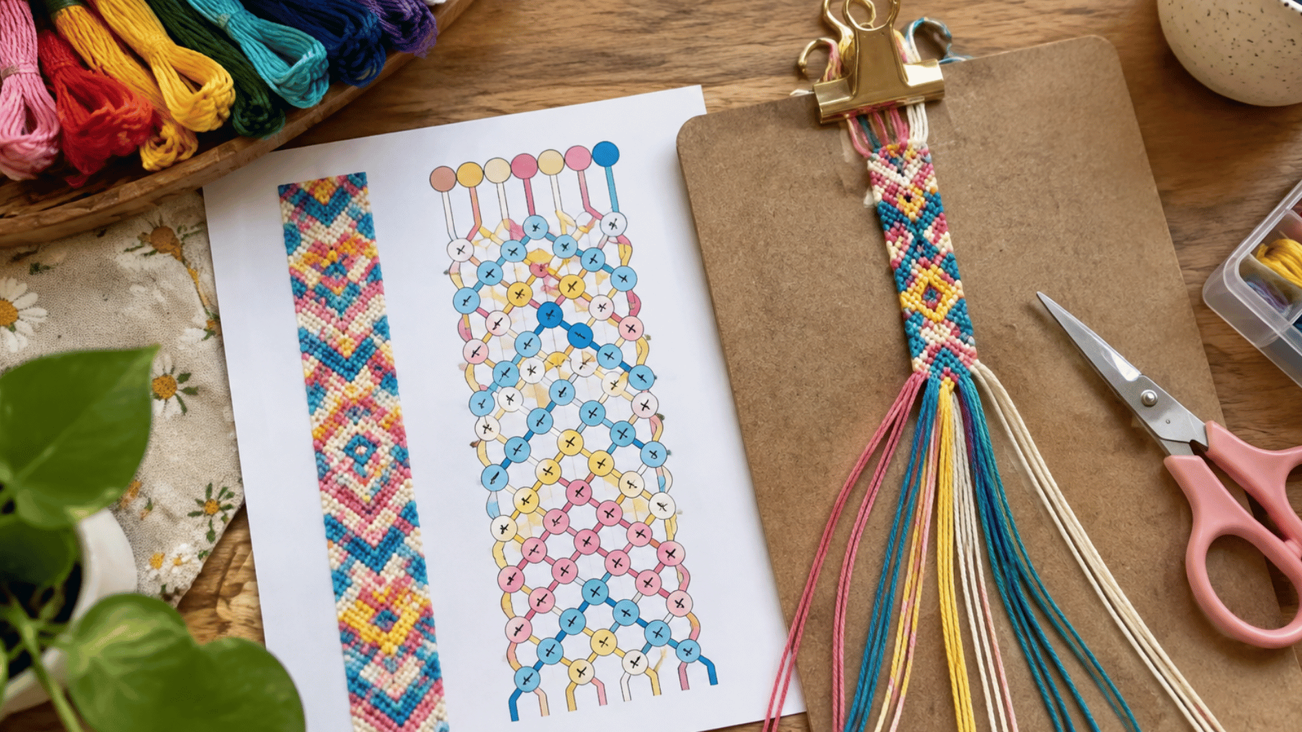 friendship bracelet pattern chart beside colorful embroidery floss and a partially finished woven bracelet