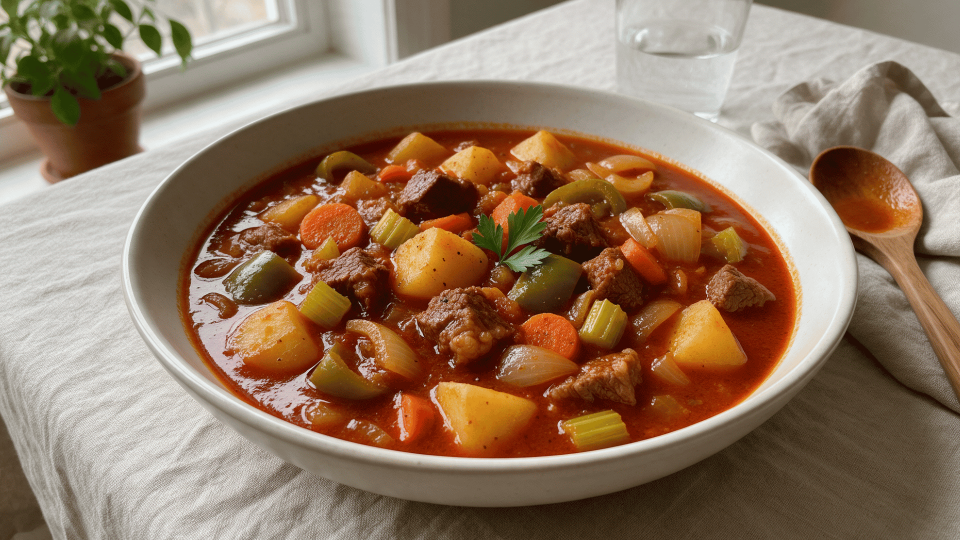 Full bowl of Hungarian beef goulash with beef, potatoes, vegetables, and paprika broth on a tablecloth