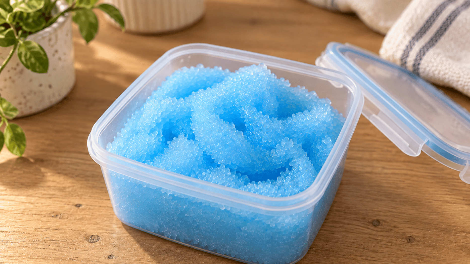 icee slime with a soft icy blue texture stored in a clear plastic box on a wooden table