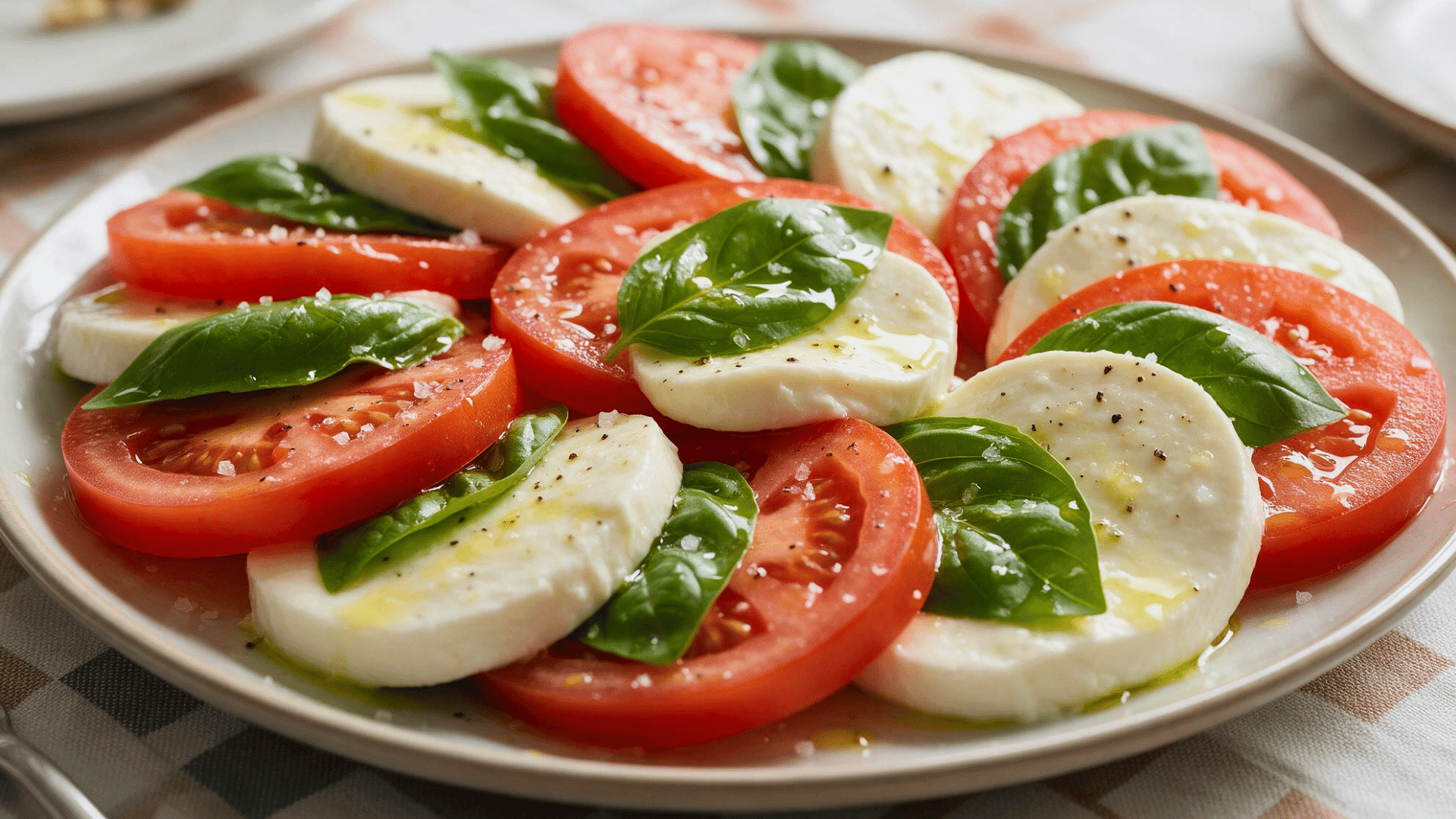 Sliced tomatoes and mozzarella with basil leaves, olive oil, salt and black pepper on a plate.