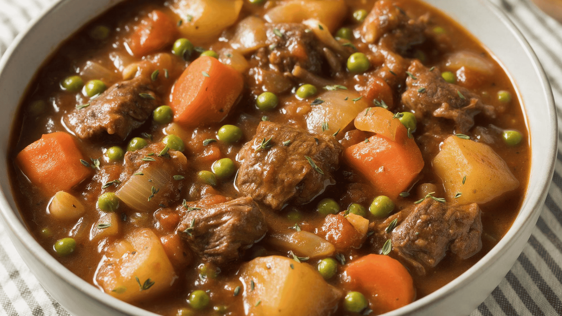 Beef stew with chuck roast, carrots, potato, onion, and peas served on a plate over a tablecloth