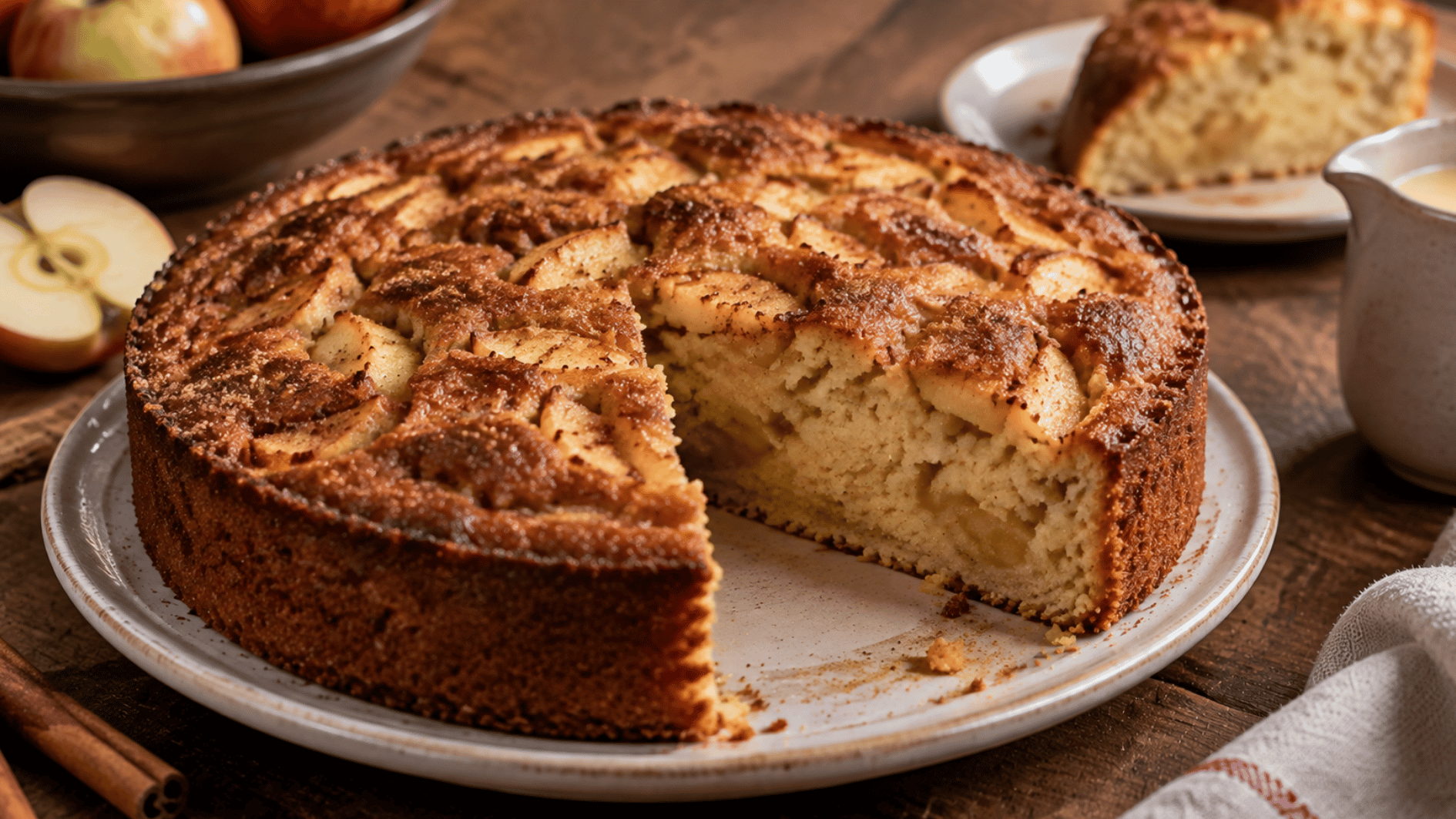 homemade irish apple cake with sliced apples, cinnamon crust, and custard on a rustic table