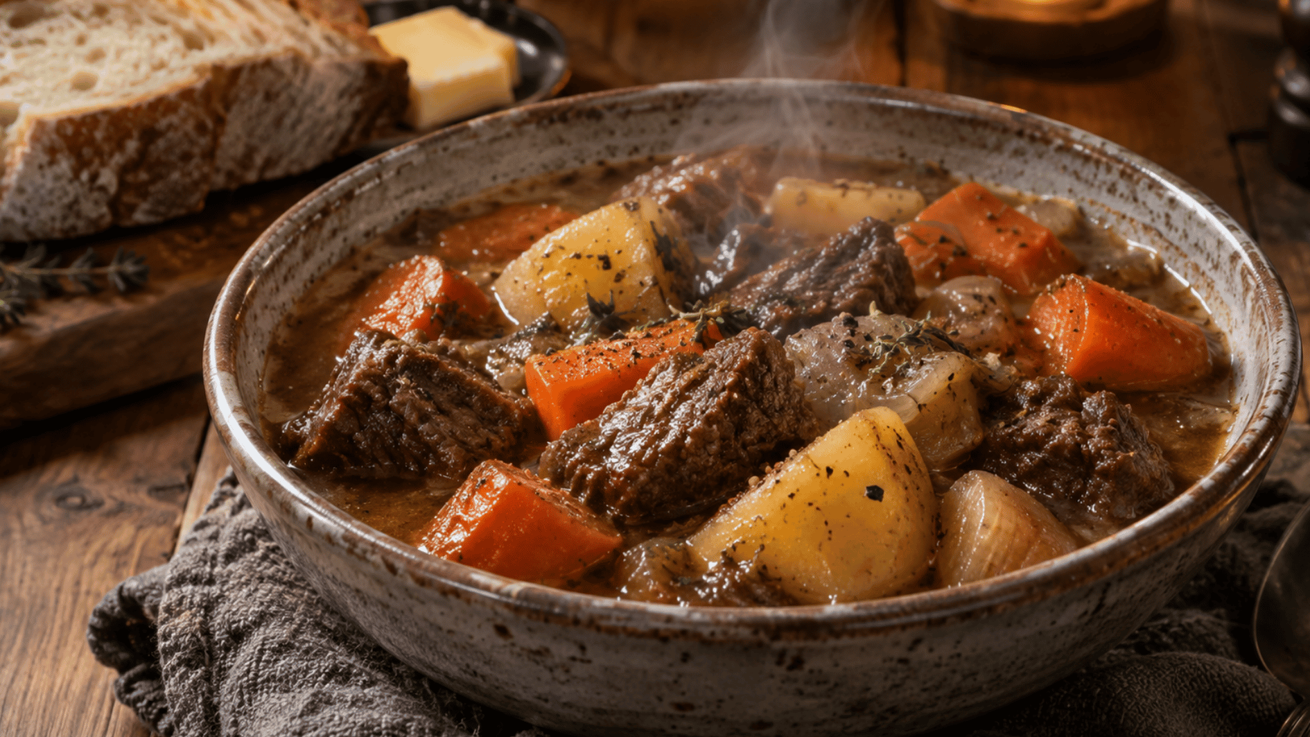 irish beef stew with tender beef potatoes carrots and onions in a rich broth served in a rustic bowl