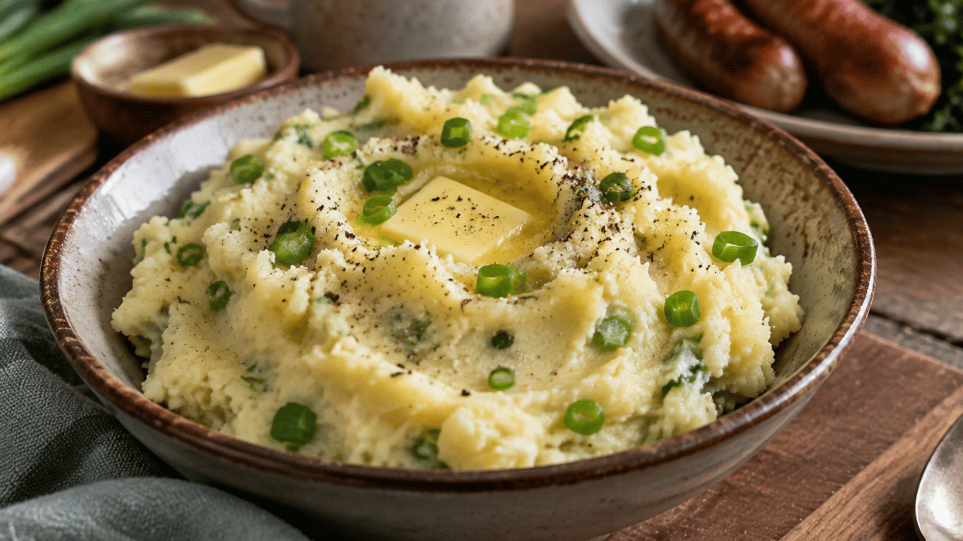 creamy irish champ mashed potatoes with scallions, butter, and black pepper in a ceramic bowl