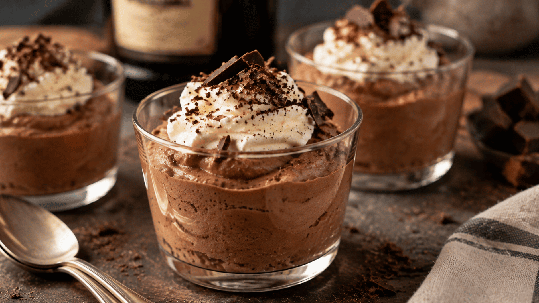 irish cream chocolate mousse topped with chocolate shavings served in small dessert glasses