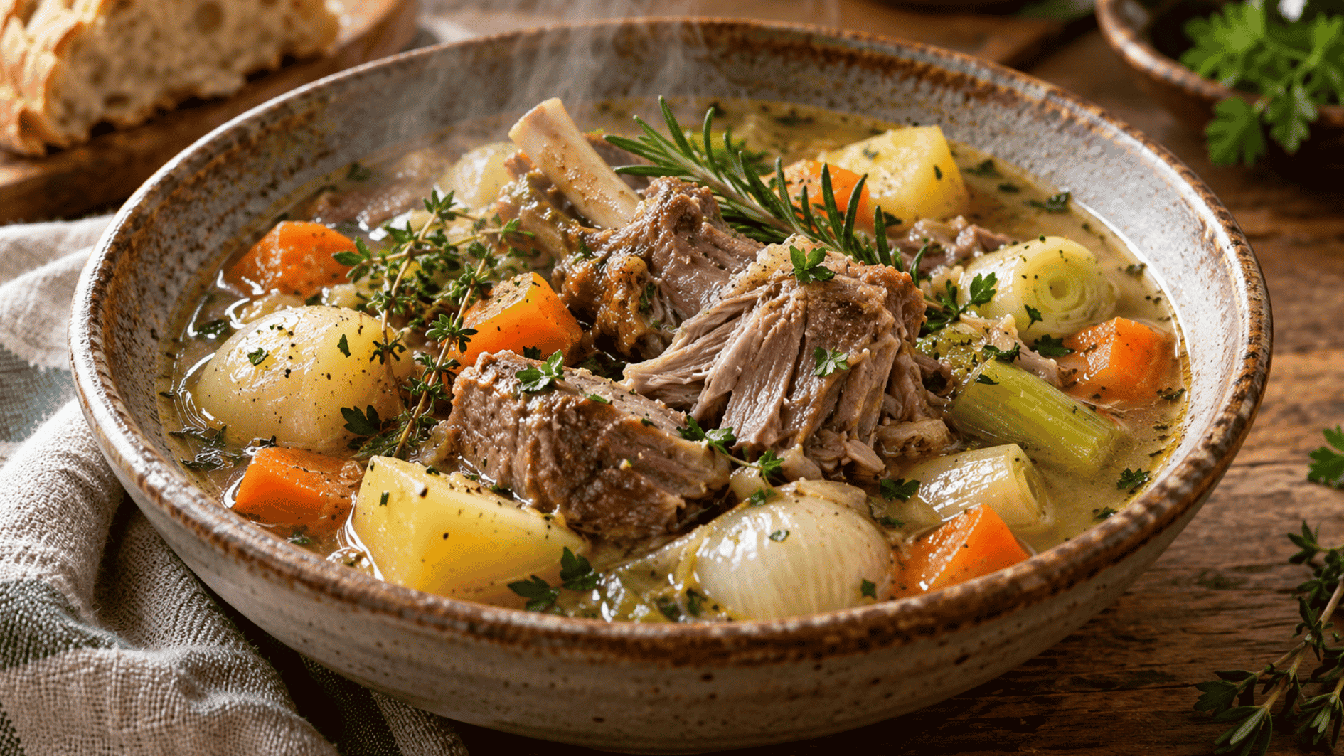 irish lamb stew with tender lamb potatoes carrots and herbs in a warm broth
