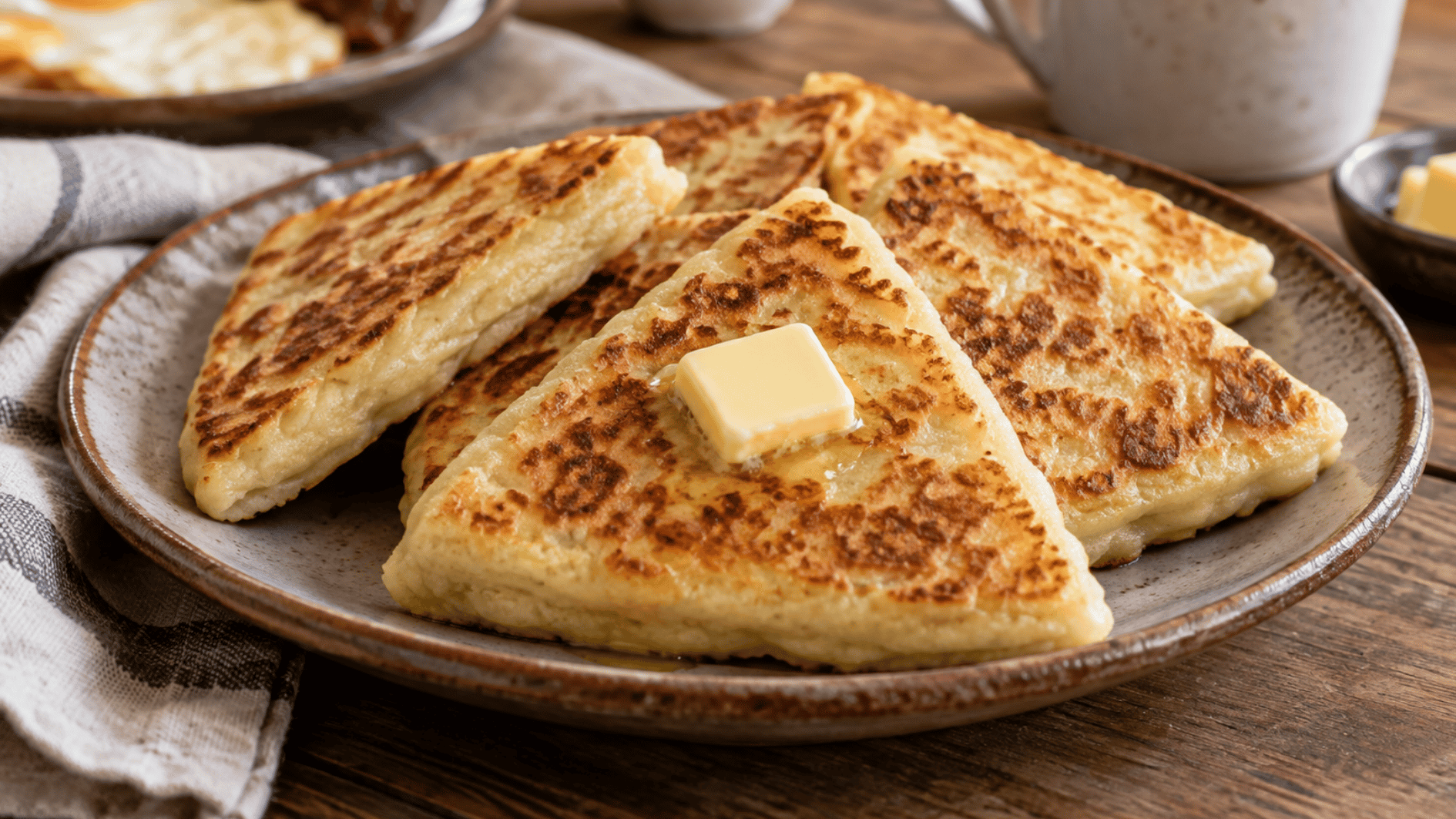 golden irish potato farls with butter served on a rustic plate for breakfast