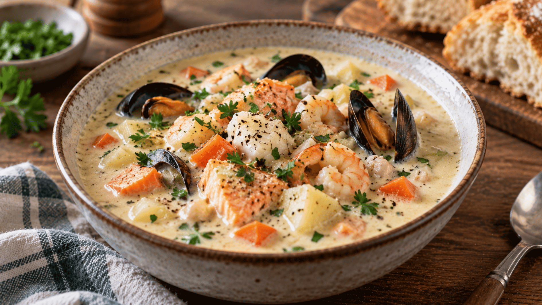 creamy irish seafood chowder with fish, shrimp, mussels, potatoes, and vegetables in a bowl