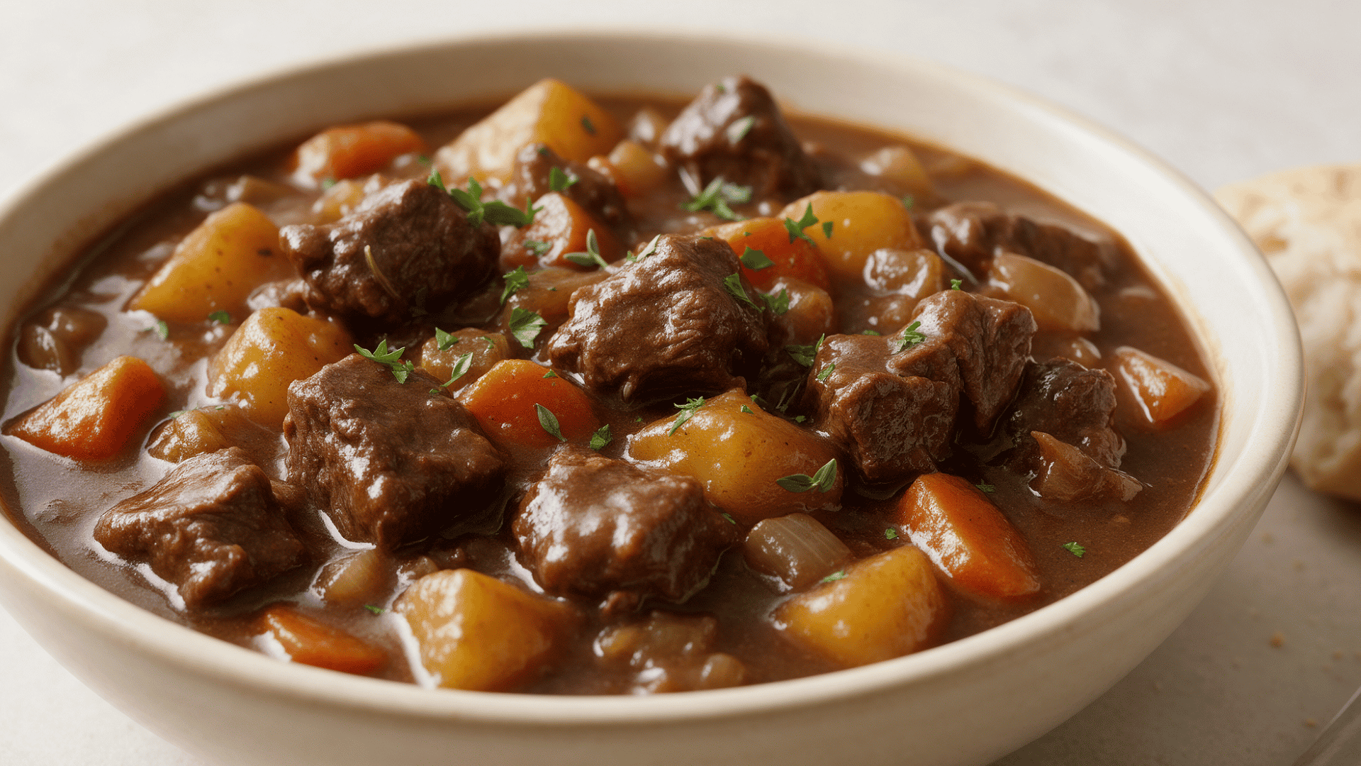 Full plate of beef stew with beef chunks, carrots, potatoes, and onions on a tablecloth-covered table
