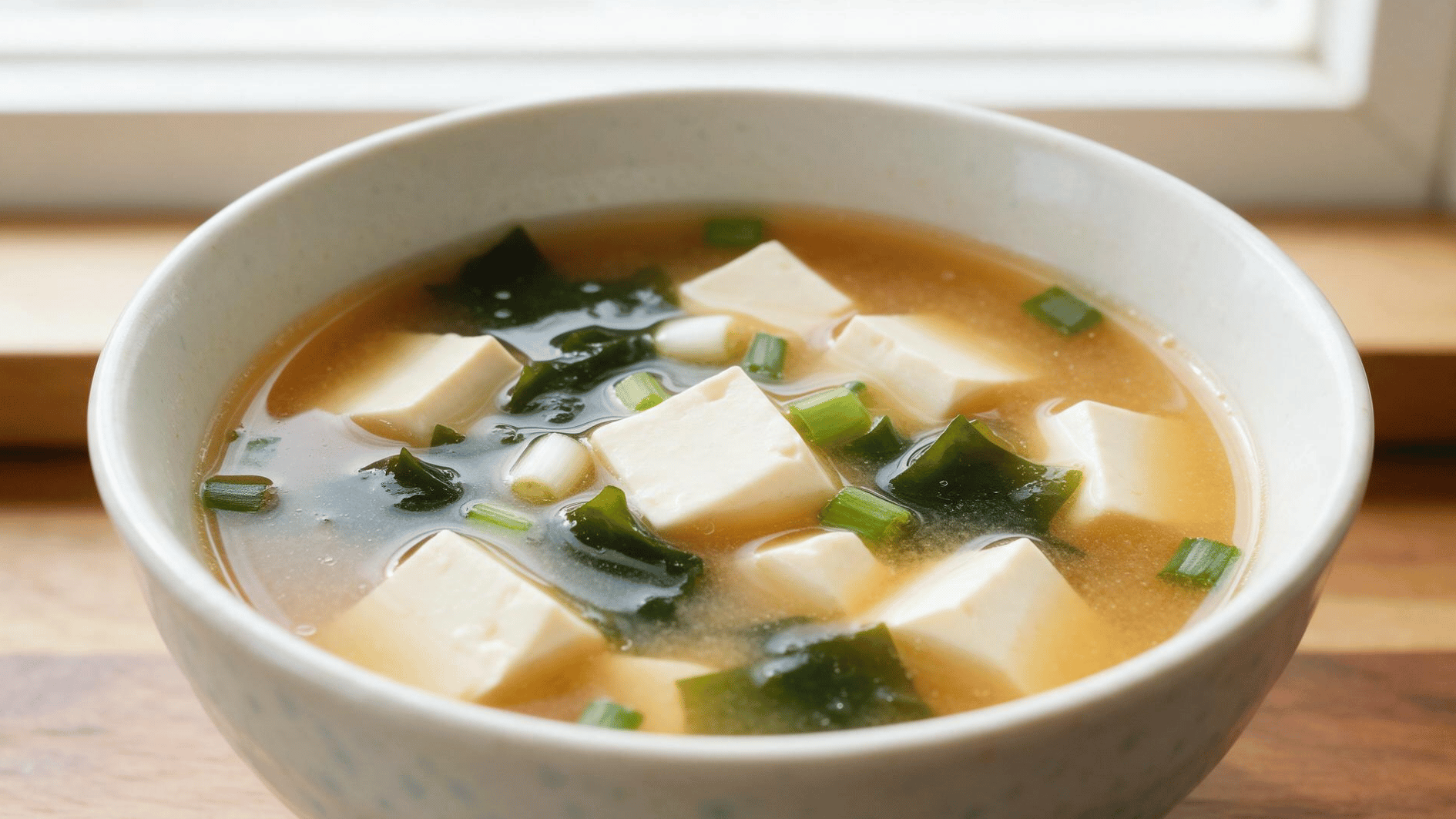 japanese inspired silken tofu miso soup with seaweed tofu cubes and green onions