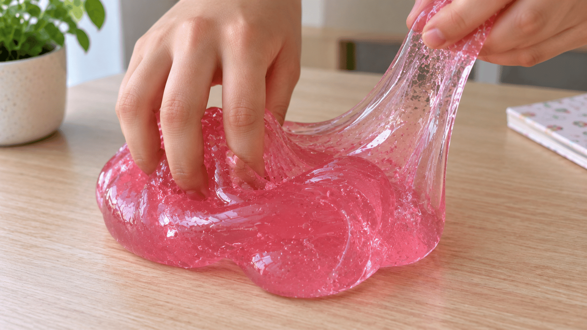 jelly slime with a plump translucent gel-like texture displayed in a clear container on a wooden table