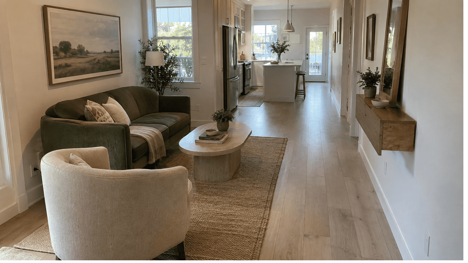olive loveseat beside a clear wall-side walkway leading through the room to the kitchen