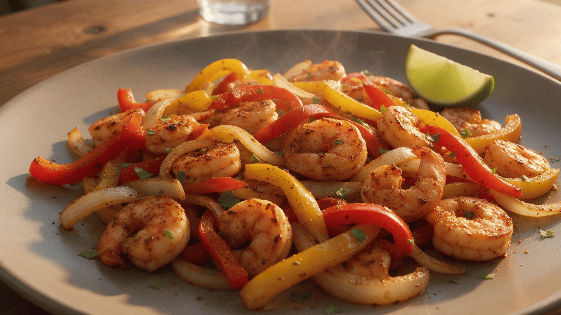 keto shrimp fajitas with sauteed peppers, onions, and lime served on a rustic ceramic dinner plate