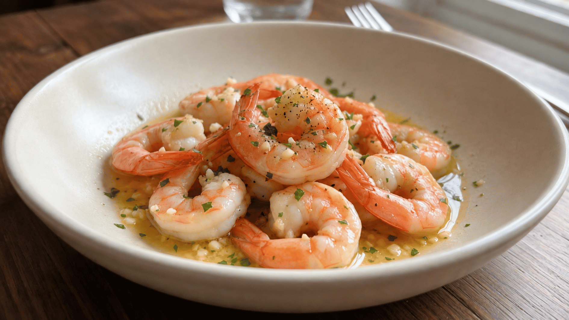 garlic butter shrimp with herbs and minced garlic served in a shallow ceramic bowl