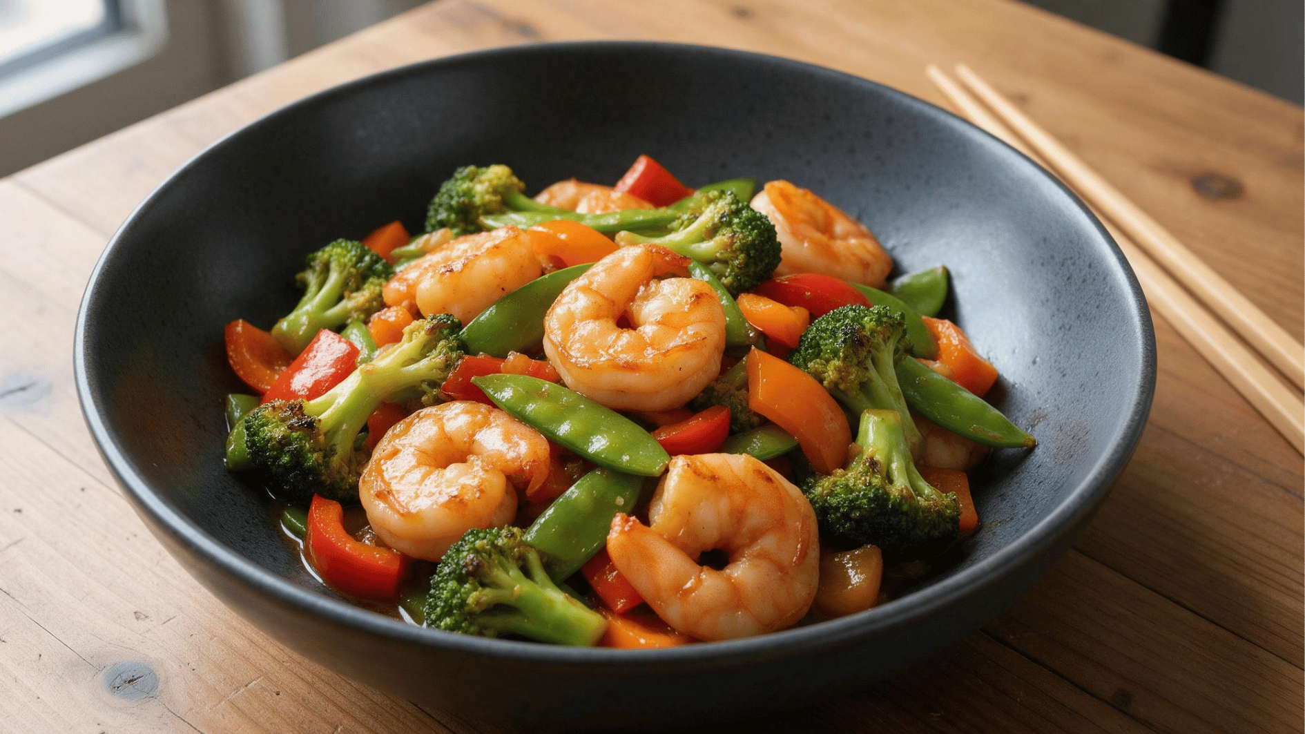 keto shrimp stir fry with broccoli bell peppers and snap peas served in a dark ceramic bowl